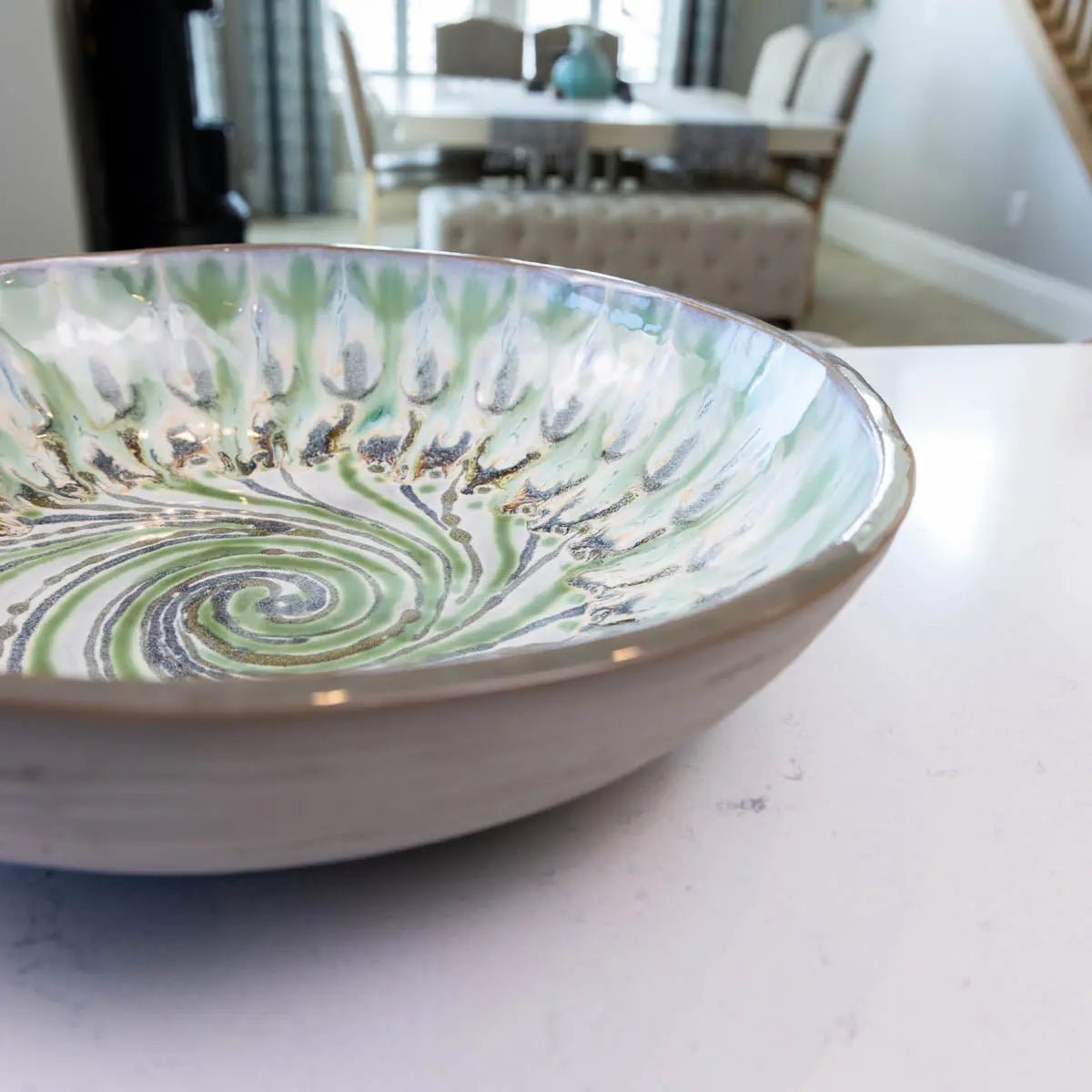 XXL Gray Stoneware Serving Bowl - Handcrafted Decorative Bowl with Swirl & Green Design (Alchemy Collection) - Perfect for Entertaining, Home Decor & Kitchen Use