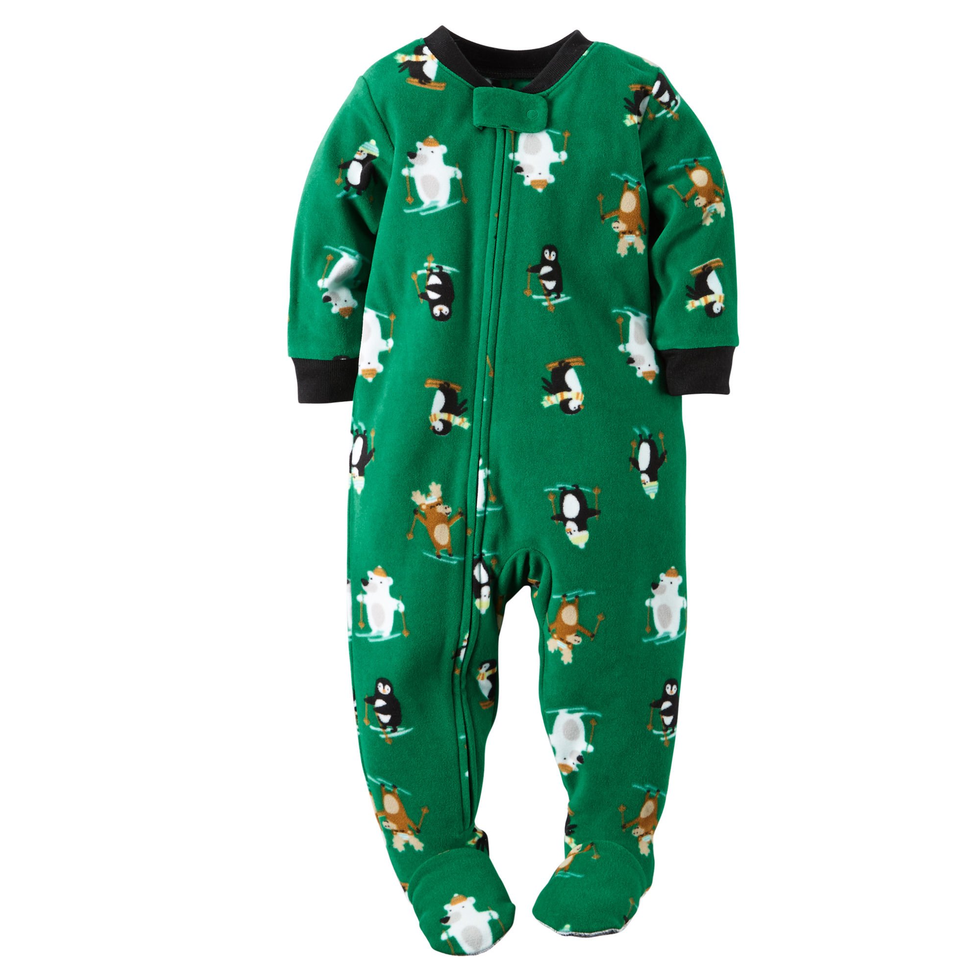 Carter's Little Boys Fleece Footie Pajamas with Ski Animals Print - Green | Warm Winter Sleepwear for Toddlers & Infants | Cozy for Bedtime, Lounging & Cold Weather