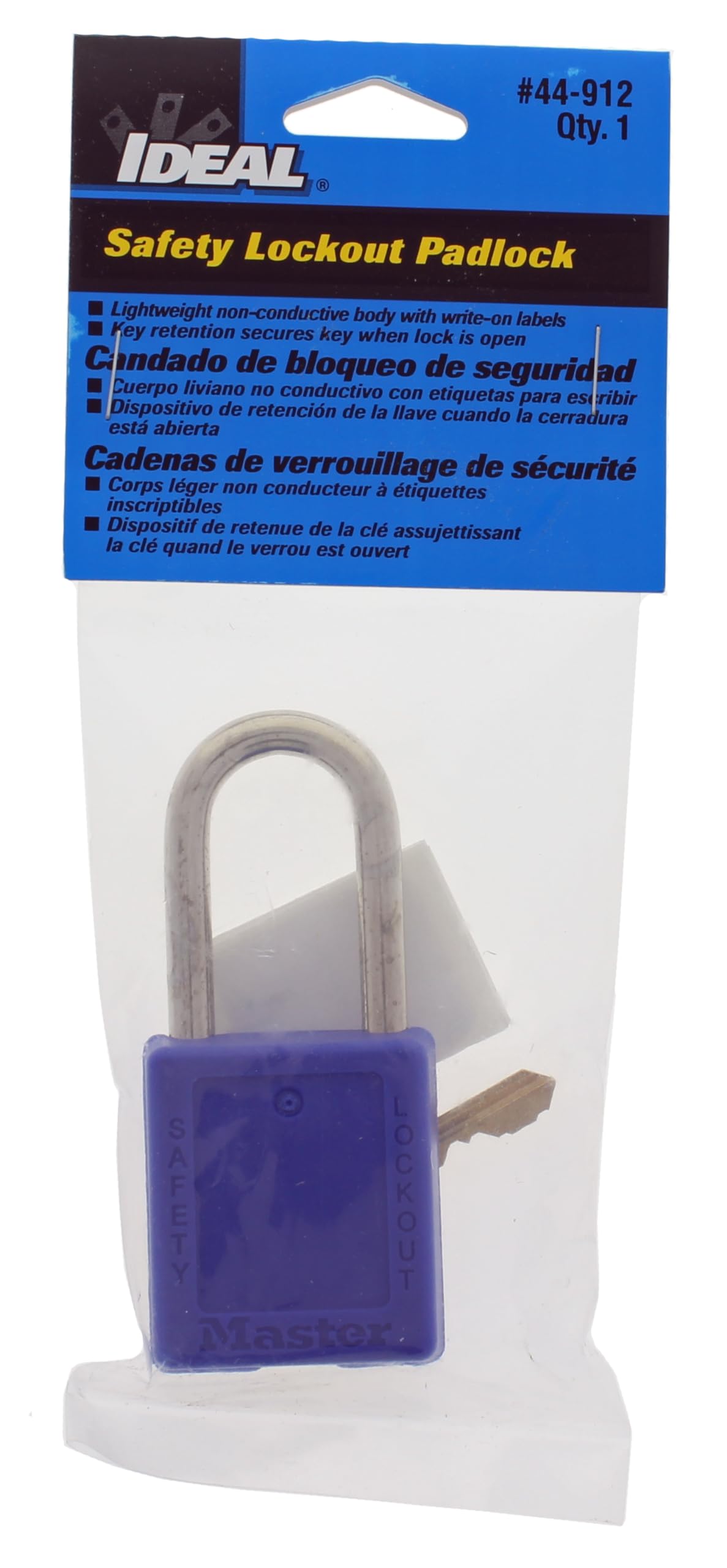 Ideal 44-912 Blue Safety Lockout Padlock - 1-1/2 Inch Shackle Clearance, 1/4 Inch Shackle - OSHA Compliant Industrial Lock for Electrical Panels & Equipment (Pack of 1)