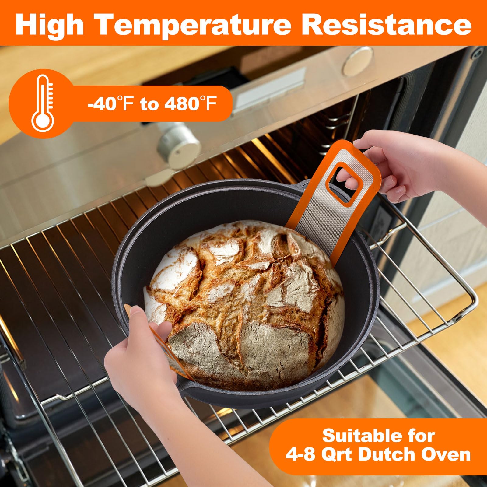 Non-Stick Silicone Sourdough Bread Sling for Dutch Oven - Oval & Round Reusable Baking Mat with Extra Long Handles, Easy to Clean (Orange) | Perfect for Artisan Bread Baking, Homemade Loaves & No-Knead Recipes