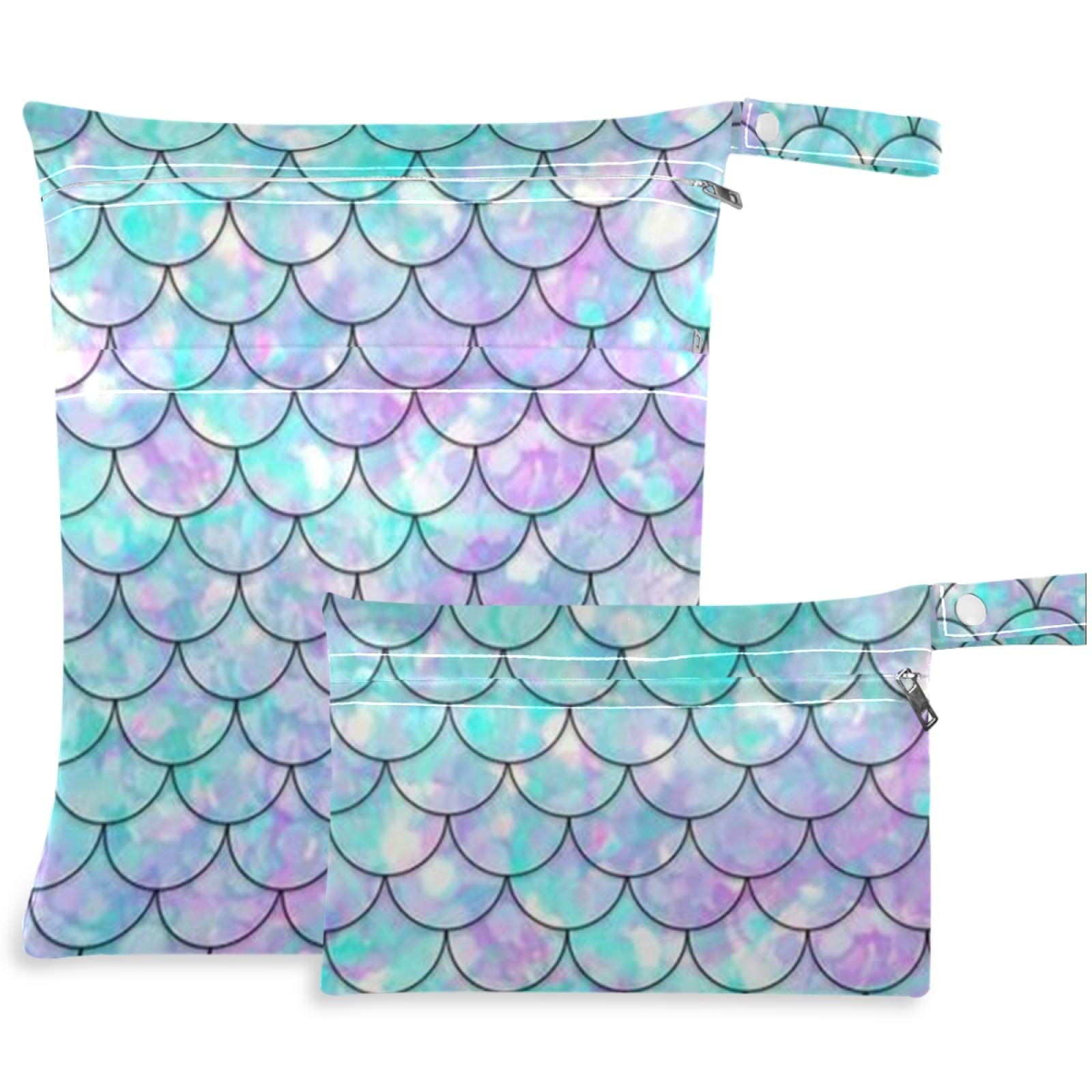 Visesunny 2-Pack Waterproof Wet Bags with Zipper - Reusable Washable Mermaid Scale Design for Swimsuits, Gym Clothes & Diapers - Perfect for Beach, Pool, Travel, Daycare & Stroller Organization