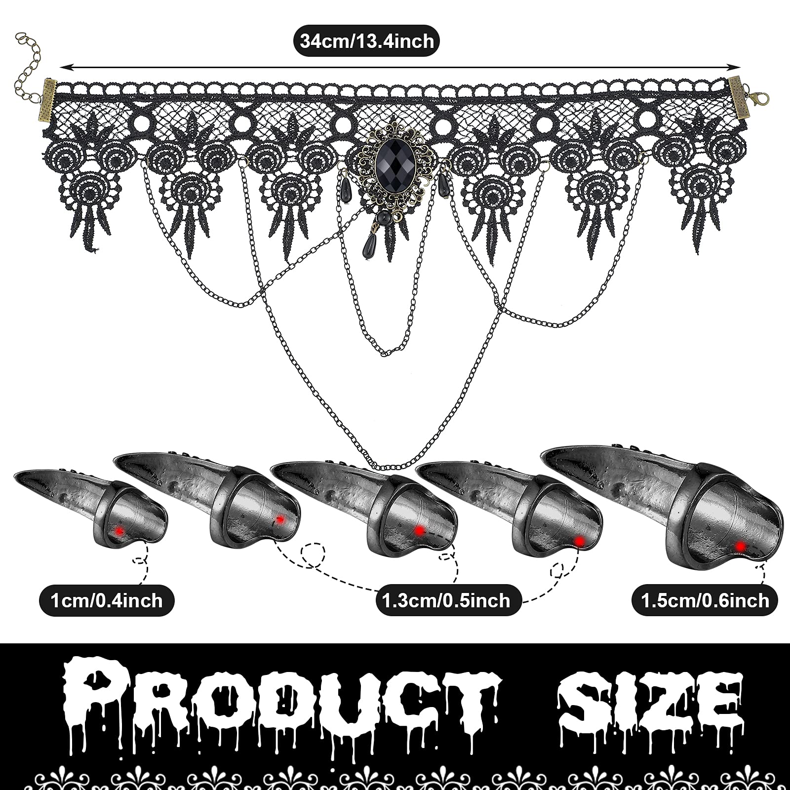 10 Pieces Halloween Claw Nail Rings Set - 3 Sizes Gothic Punk Fake Nails with Black Lace Choker Necklace for Women, Halloween Costume Accessories for Parties, Cosplay and Gothic Fashion