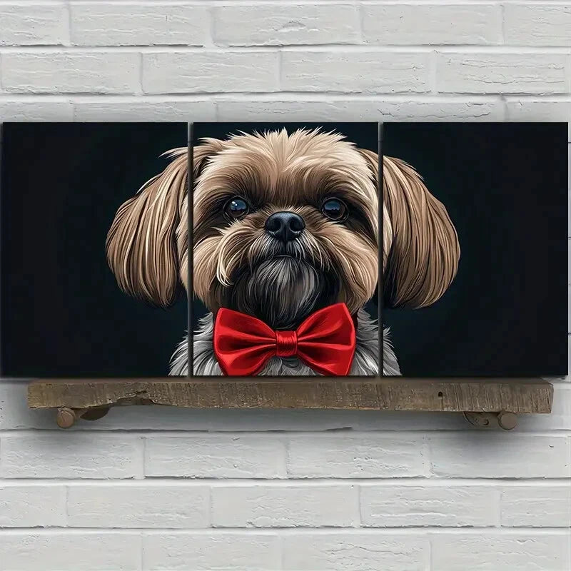 3pcs Dog Wearing Red Bow Tie Metal Wall Art - Ready to Hang Pet Portrait Decor for Living Room, Bedroom or Office