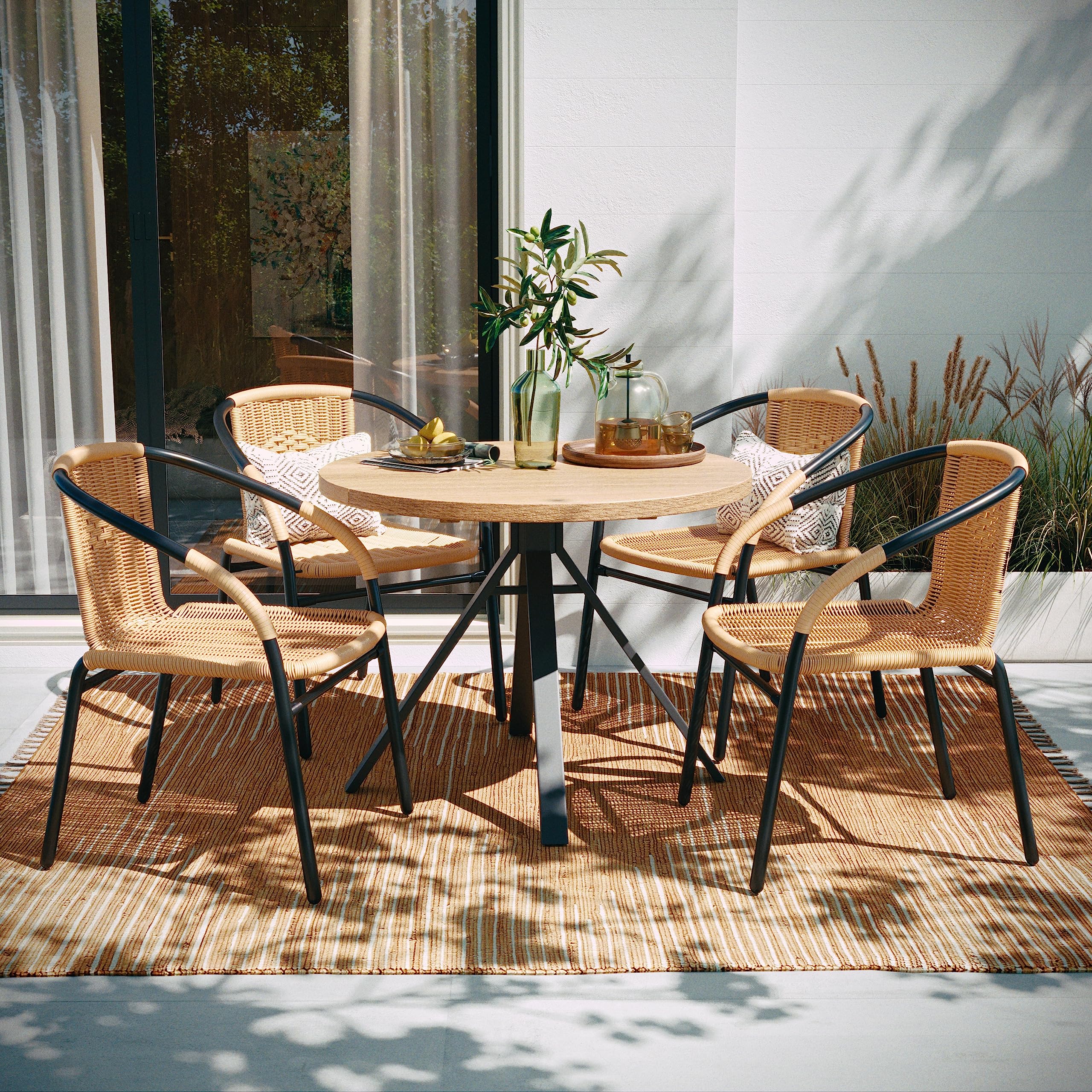 Flash Furniture Lila 4-Pack Beige Rattan Stackable Chairs for Indoor & Outdoor Use - Stylish Dining Chairs for Restaurants, Cafes, Patios & Home Decor