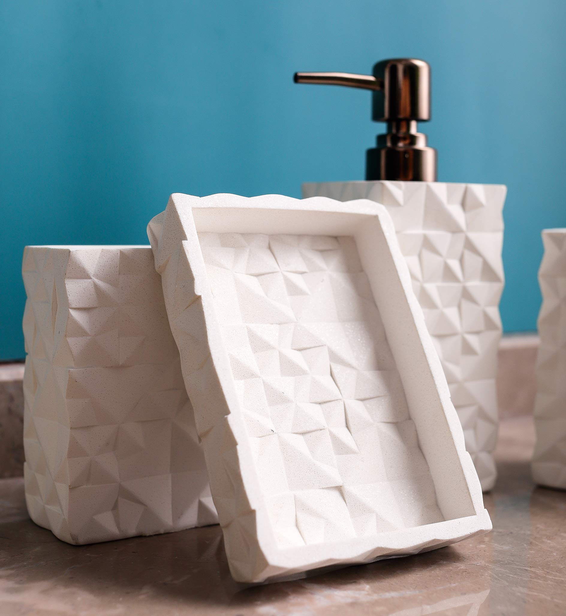 Farmhouse Bathroom Accessories Set - 4 Piece Resin Toothbrush Holder, Soap Dispenser, Soap Dish & Tumbler | Rustic Bathroom Decor for Apartment Essentials | Perfect for Guest Bathrooms, Farmhouse Style Homes & Housewarming Gifts