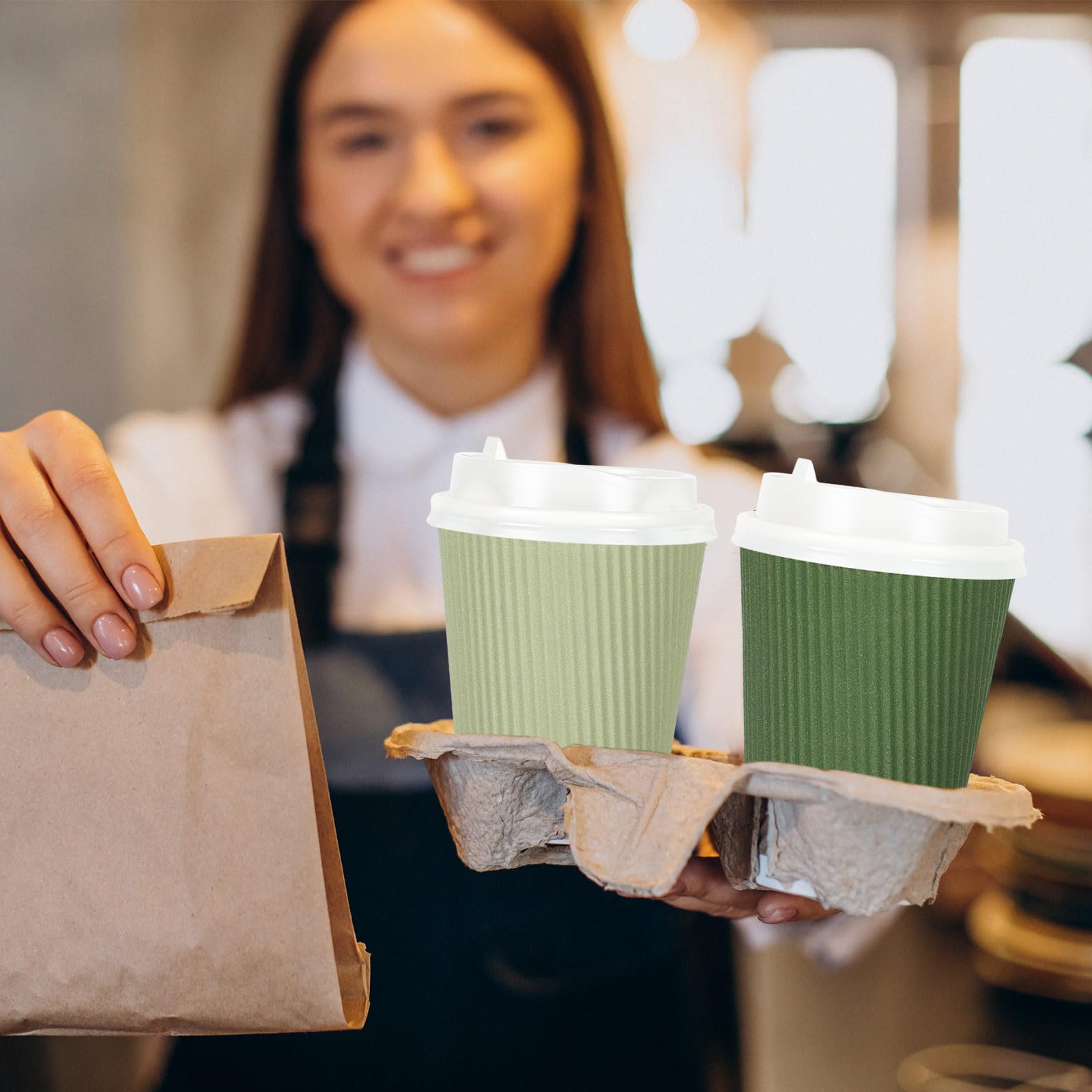 100Pcs Sage Green Disposable Coffee Cups with Lids - Gradient Green Paper Cups with Corrugated Ripple Wall - Insulated Hot Cups for Coffee, Tea & Hot Beverages - Perfect for Home, Office, Parties & Cafes