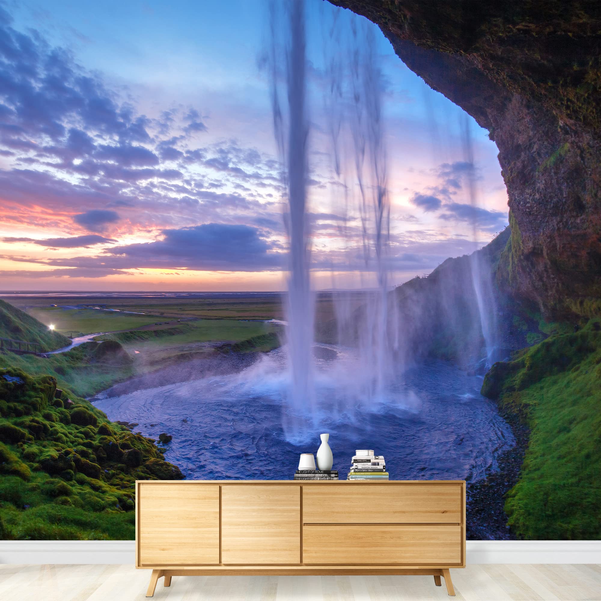 Seljalandfoss Waterfall at Sunset Iceland Wall Mural - 66x96 Inch Removable Self-Adhesive Wallpaper for Living Room, Bedroom & Office Decor - Stunning Landscape Photography Wall Art by Wall26
