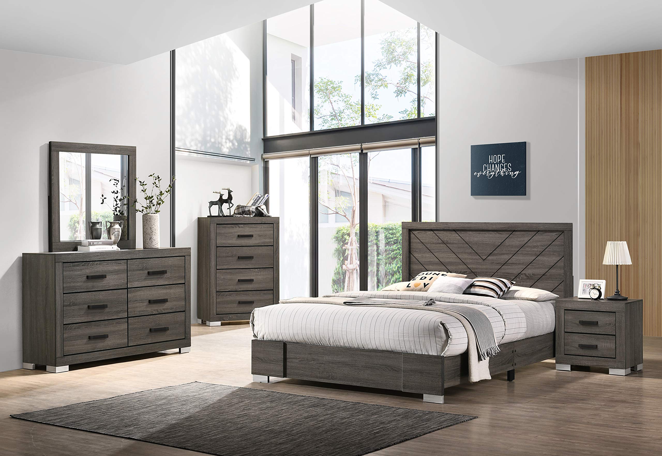 Kings Brand Furniture – Lorain 6-Piece Queen Size Gray Bedroom Set with Bed, Dresser, Mirror, Chest & 2 Nightstands | Modern Bedroom Furniture for Home Decor & Master Suite Upgrade