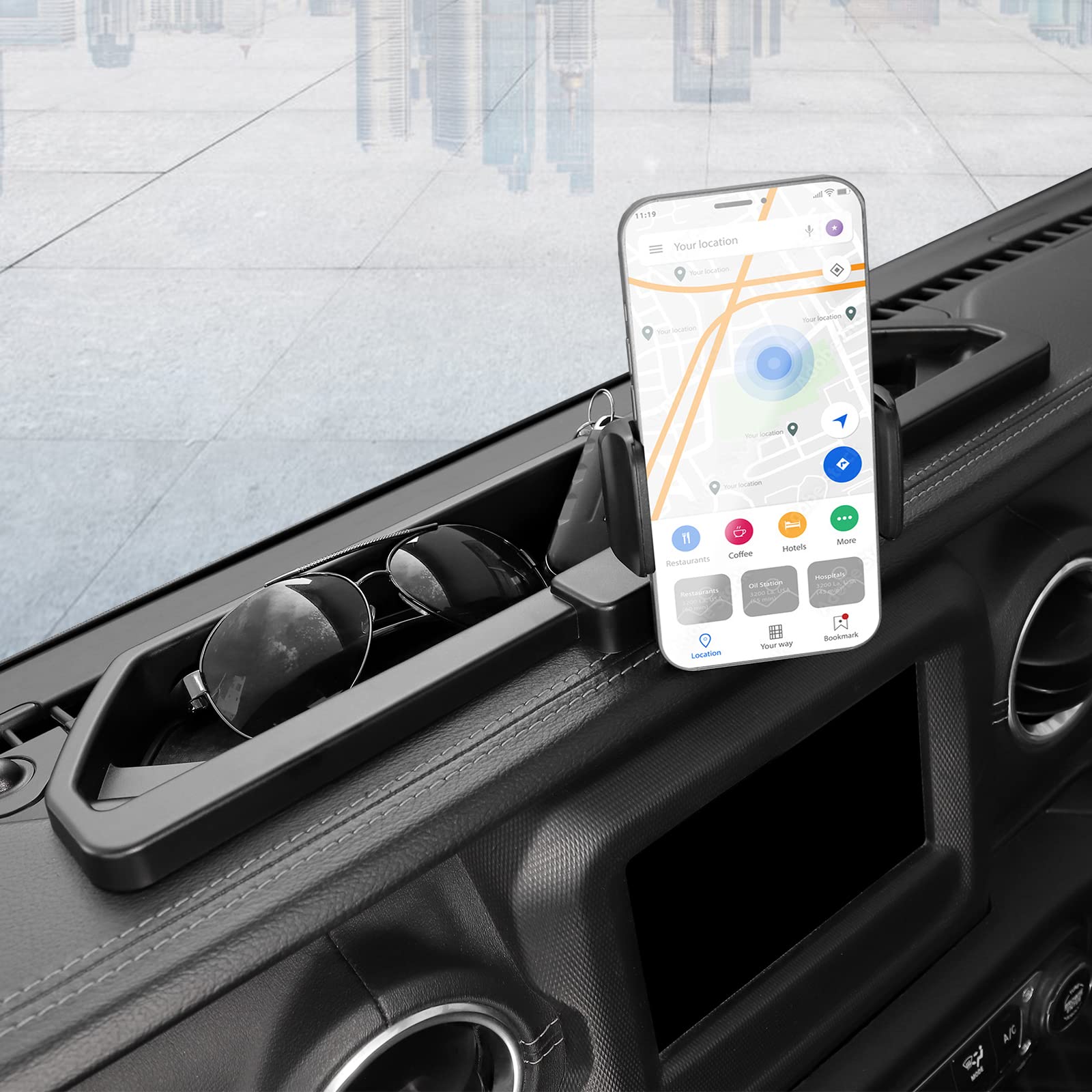 Upgraded CheroCar JL Phone Holder with Storage Tray - Universal Car Phone Mount Accessories Compatible with 2018-2022 Jeep Wrangler JL & 2020-2022 Jeep Gladiator JT - Perfect for Off-Roading, Commuting & Hands-Free Driving