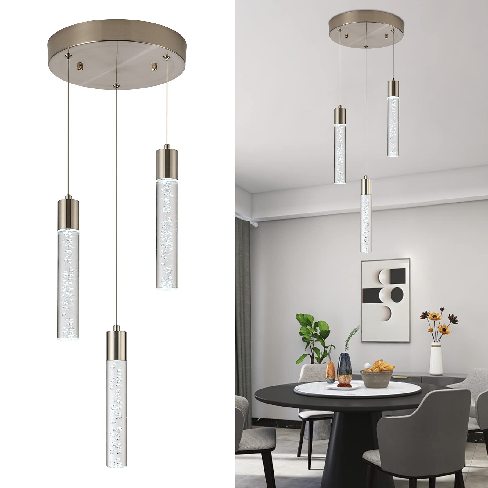 3-Light Pendant Lighting Fixture - Modern Satin Nickel Ceiling Light with Dimmable LED Bulbs, Crystal Bubble Chandelier for Kitchen Island, Dining Room, Living Room & Restaurant Decor (6000K Daylight White) - Perfect for Contemporary Home & Commercial Spaces