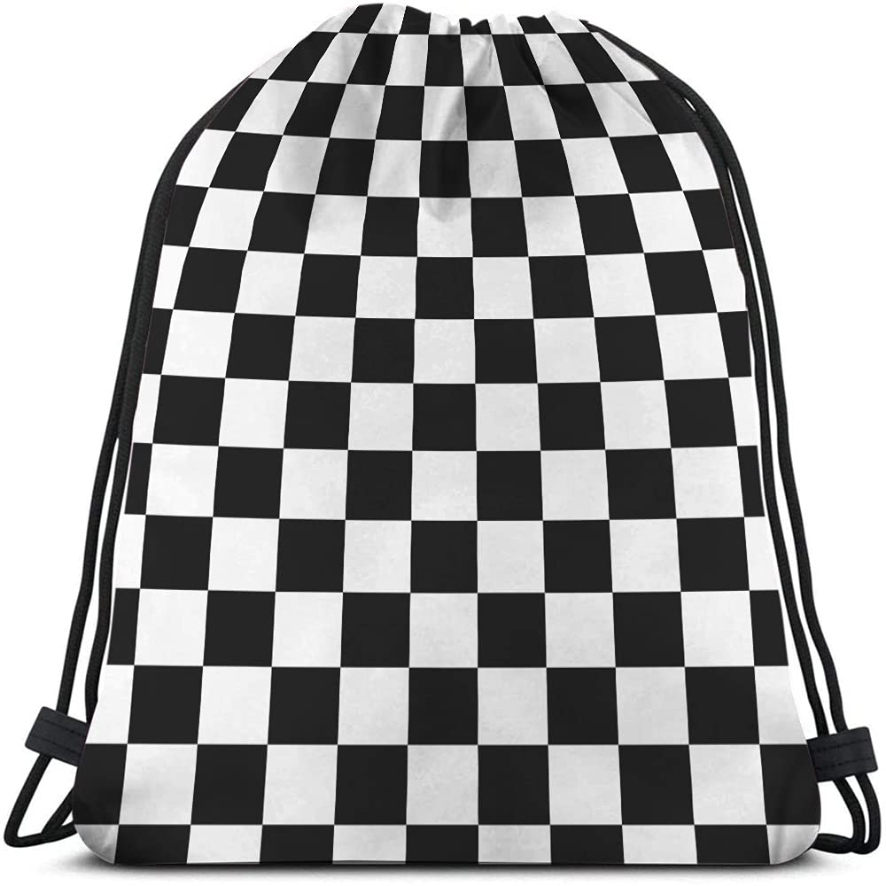 Checkerboard Drawstring Backpack - Black & White Geometric Plaid Pattern Gym Sack for Sports, Yoga, Chess & Racing | Durable String Bag for Men & Women | Perfect for Gym, Travel & Outdoor Activities