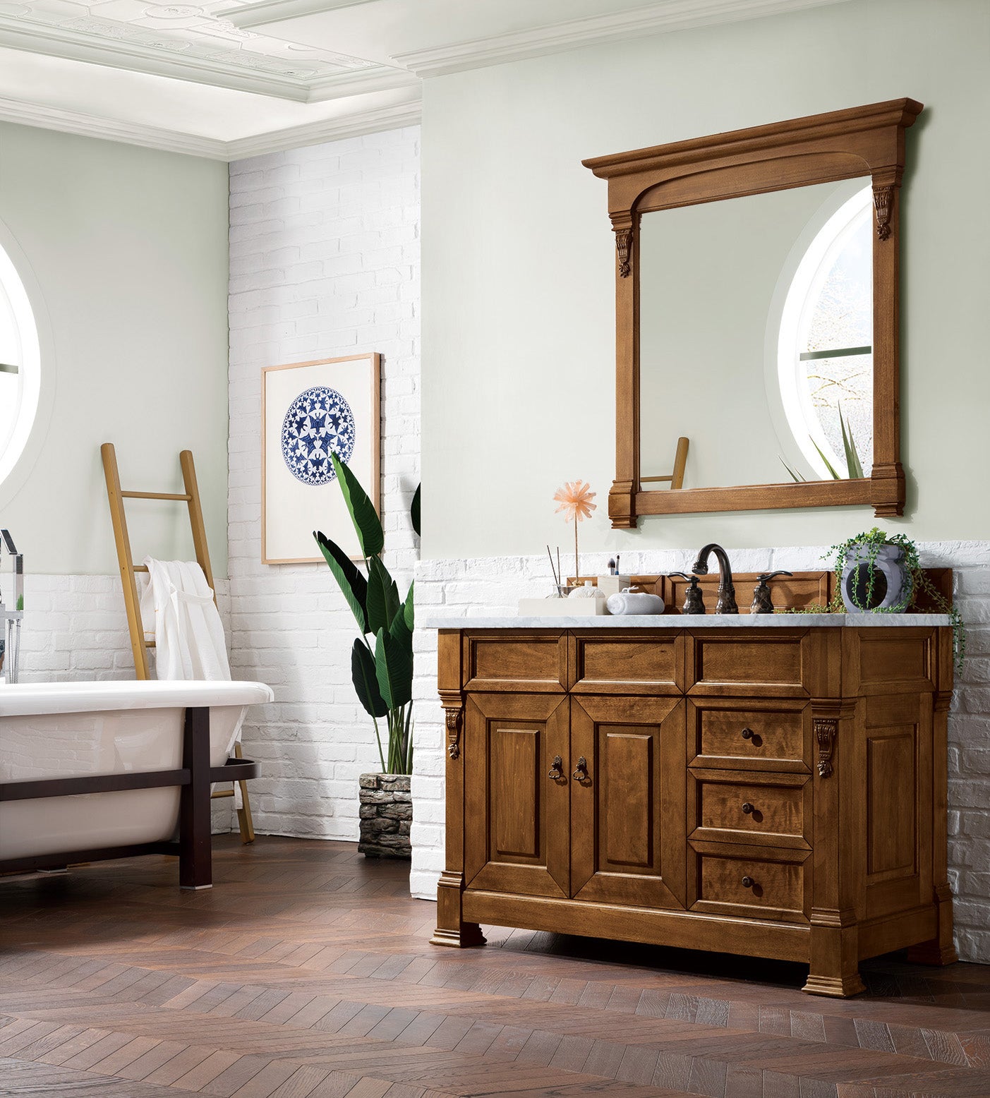 Brookfield 48 Inch Single Bathroom Vanity Set - Country Oak Finish with 3CM Carrara Marble Countertop | Perfect for Master Bath, Guest Bath & Powder Room Remodeling