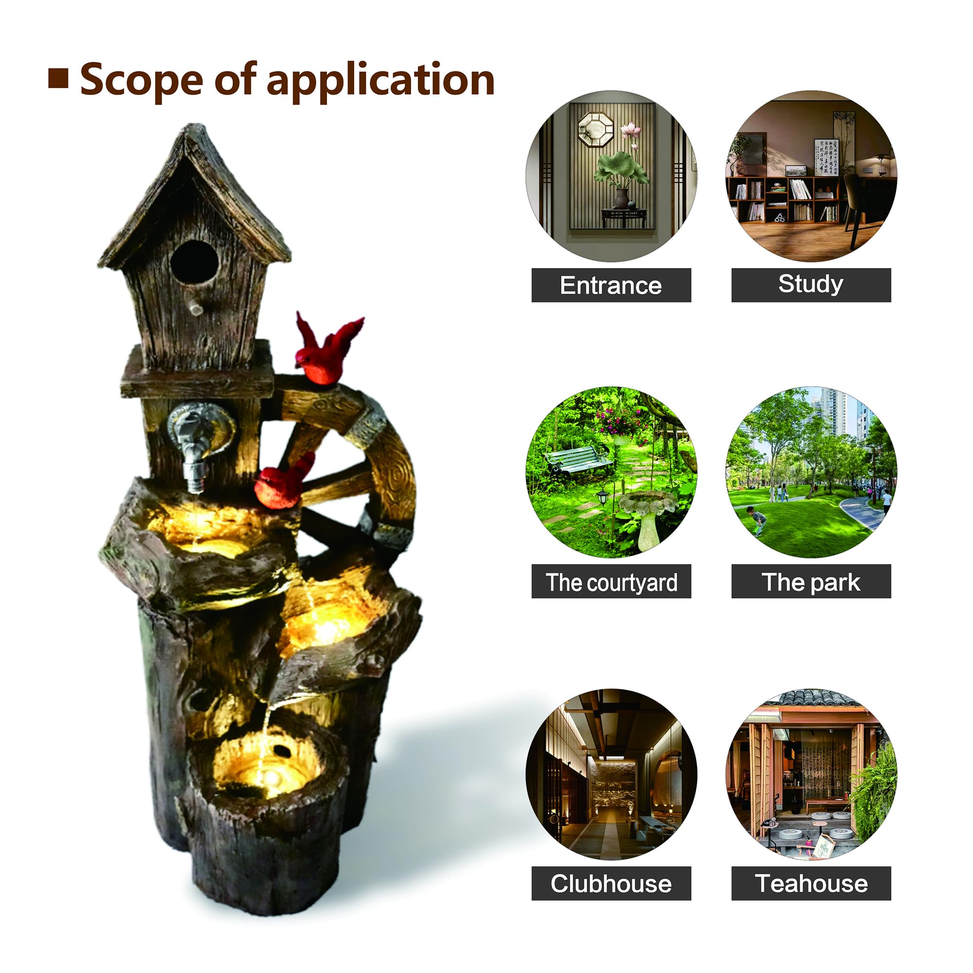 3-Tier Decorative Garden Birdhouse with LED Lights & Water Wheel - Outdoor Water Fountain for Patio, Yard, and Garden Decor