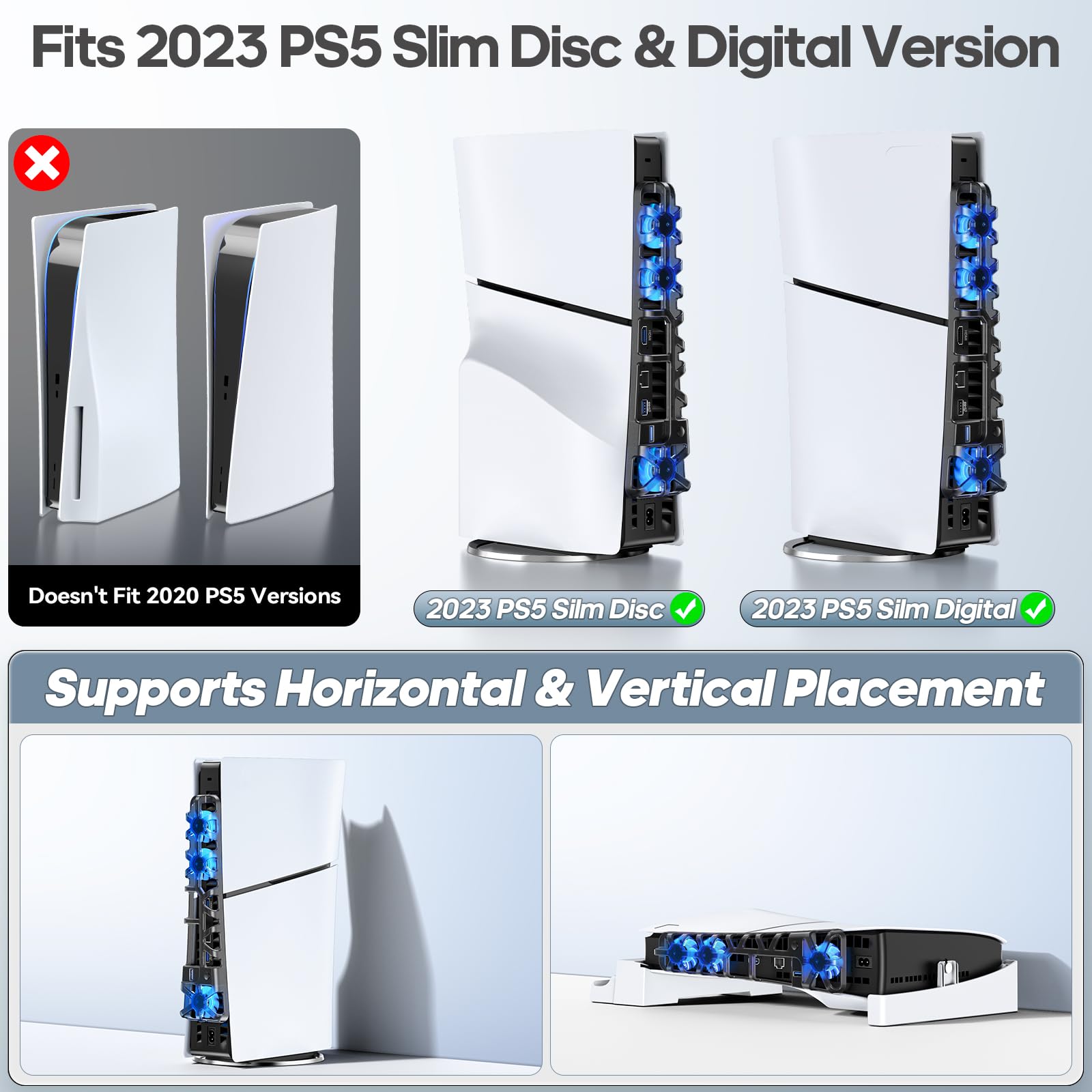 Tokluck PS5 Cooling Fan for PS5 Slim Disc & Digital Edition - 3-Speed Memory Cooling System with USB 3.0 Hub & Blue LED Lights - Perfect for Gaming Sessions and Console Protection