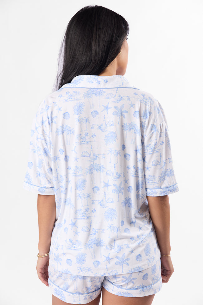 Blue Coastal Toile Short Sleeve Pajama Top for Women - Comfortable Sleepwear for Summer Nights & Beach Vacations - Perfect for Relaxing at Home or Coastal Getaways