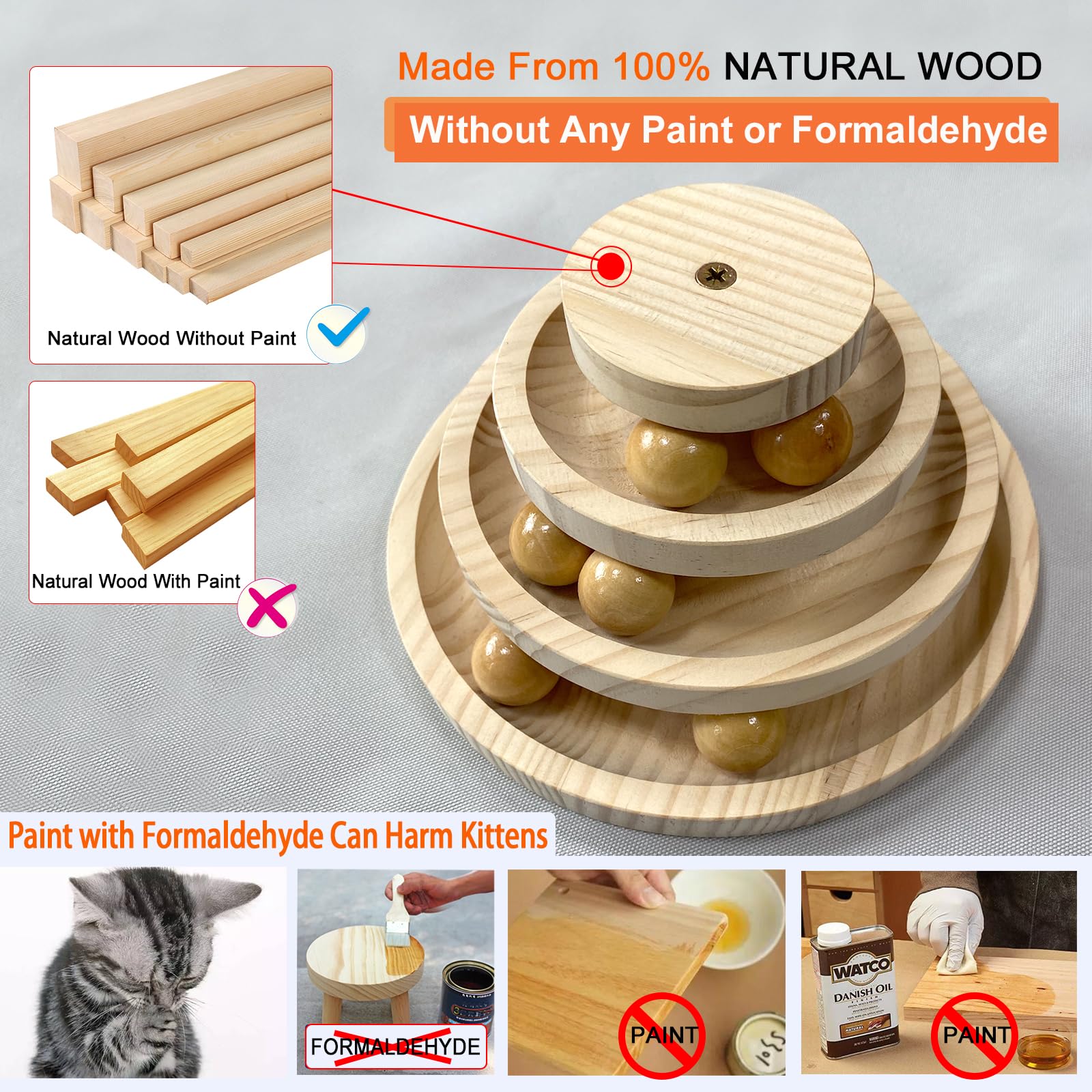 Interactive Cat Ball Track Toy - 3-Layer Wooden Maze with 6 Smooth Balls for Indoor Cats | Fun Exercise & Mental Stimulation Toy | No Assembly Required (Pine Wood) | Perfect for Playtime, Boredom Relief & Keeping Cats Active