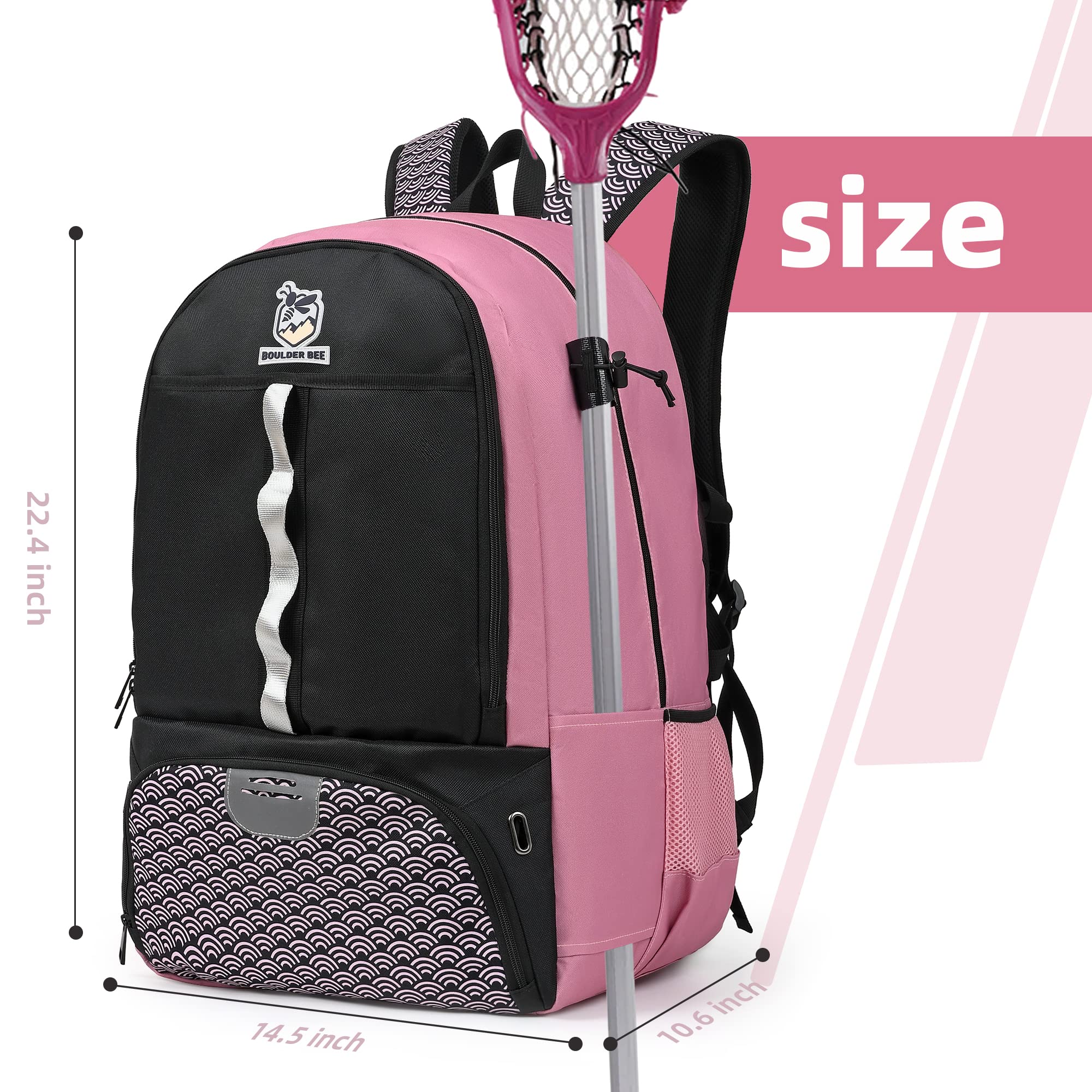 Boulder Bee Lacrosse Backpack with Stick Holders - Durable Field Hockey Bag for Women & Girls - Perfect for Training, Games & Travel | Sports Equipment Gift Idea