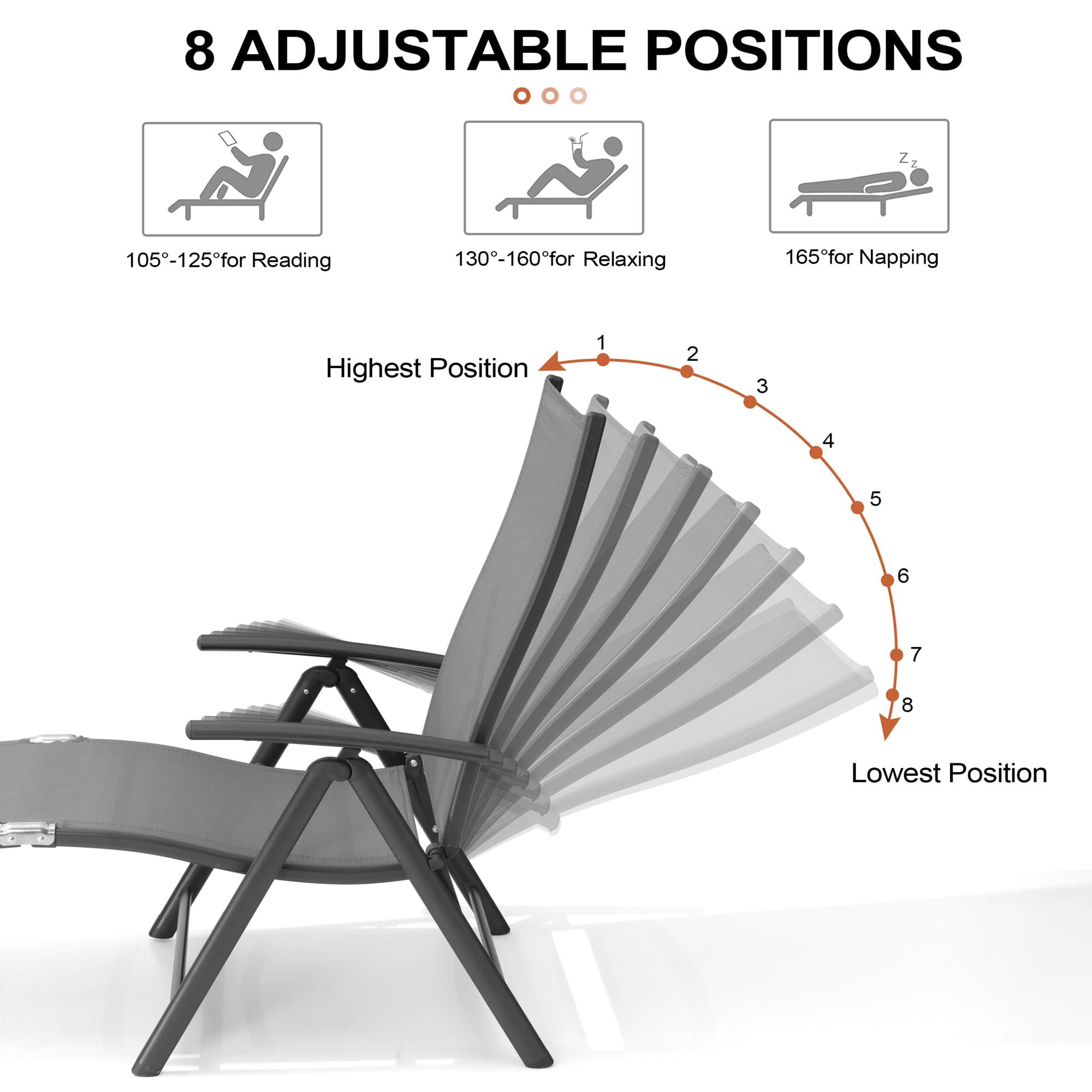 Crestlive 2-Pack Aluminum Folding Chaise Lounge Chairs - Adjustable 8-Position Outdoor Recliners for Patio, Poolside, Beach & Backyard - No Assembly Required - Perfect for Sunbathing, Relaxing & Outdoor Lounging