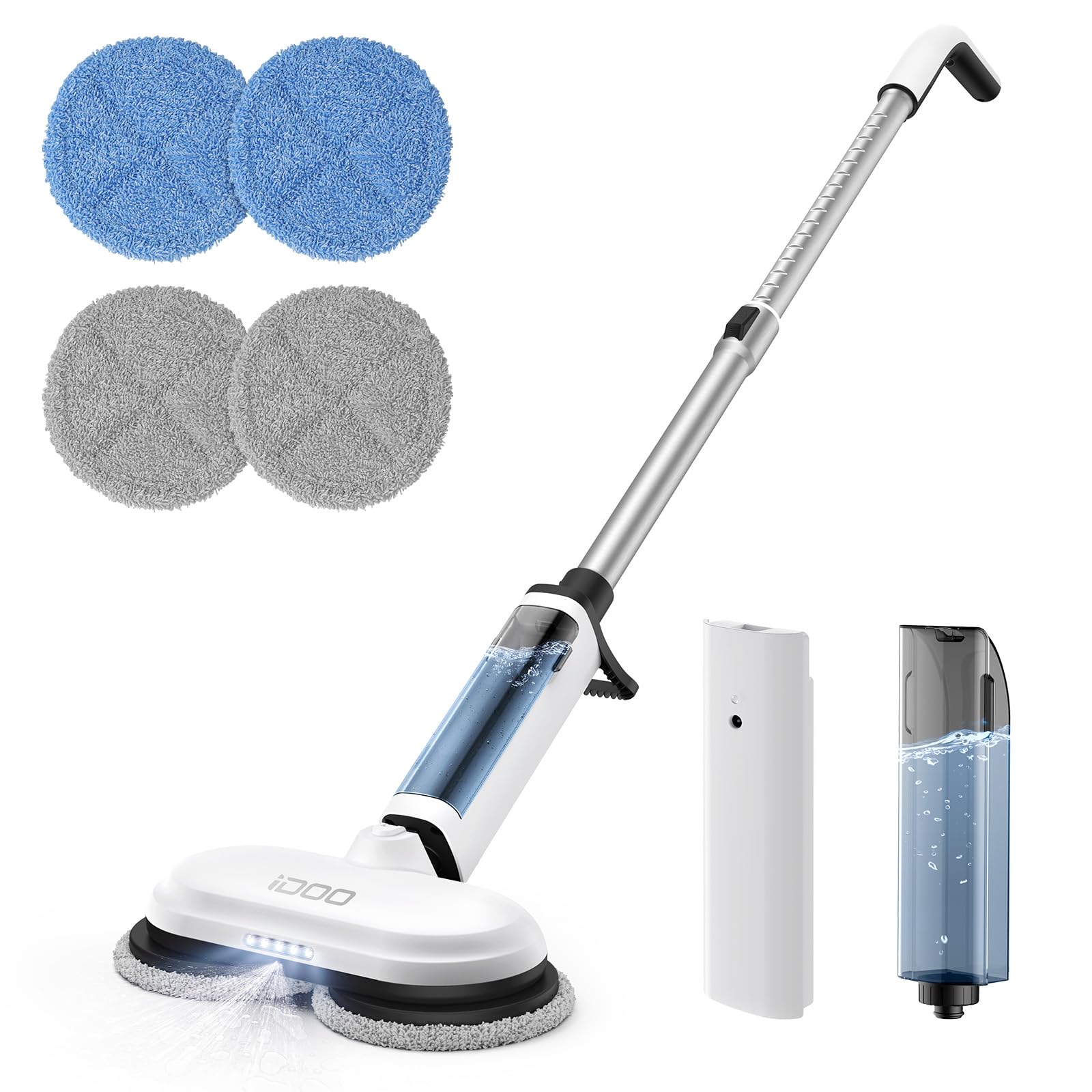 iDOO Cordless Electric Mop - Powerful Spin Scrubber with Detachable Water Tank & LED Headlight for Tile, Hardwood, Laminate Floors | Home Cleaning Machine with 4 Washable Pads | Perfect for Kitchen, Bathroom & Pet Area Cleaning