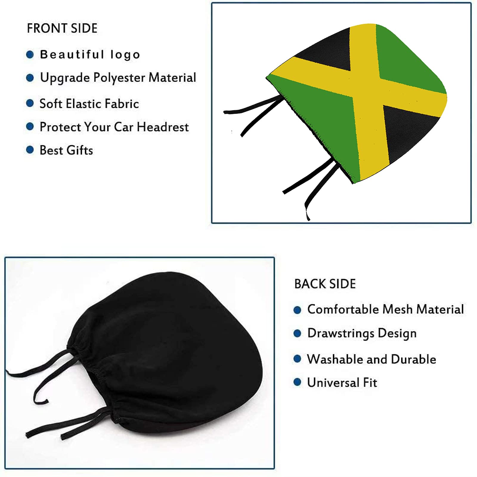 2 Pack Jamaica Flag Headrest Covers - Universal Fit for All Car & Truck Models - Car Seat Protector Accessories - Perfect for Jamaican Pride, Road Trips & Car Decor