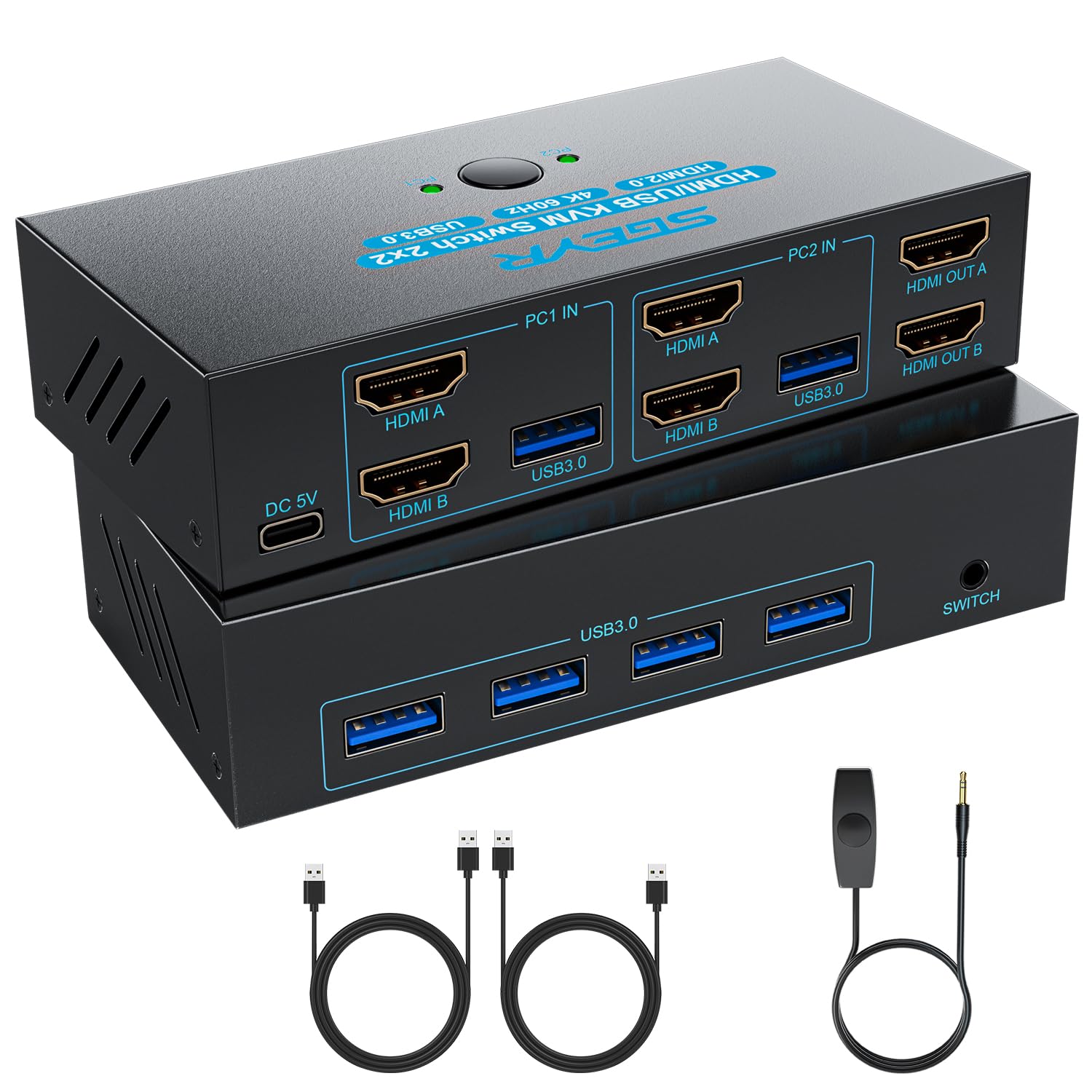 SGEYR 4K@60Hz HDMI KVM Switch for Dual Monitors - 2 Port 2 Computer KVM Switch with 4 USB 3.0 Ports, Wired Remote & Button Control, Keyboard/Mouse Sharing - Perfect for Home Office, Gaming Setup & Multi-PC Workstations