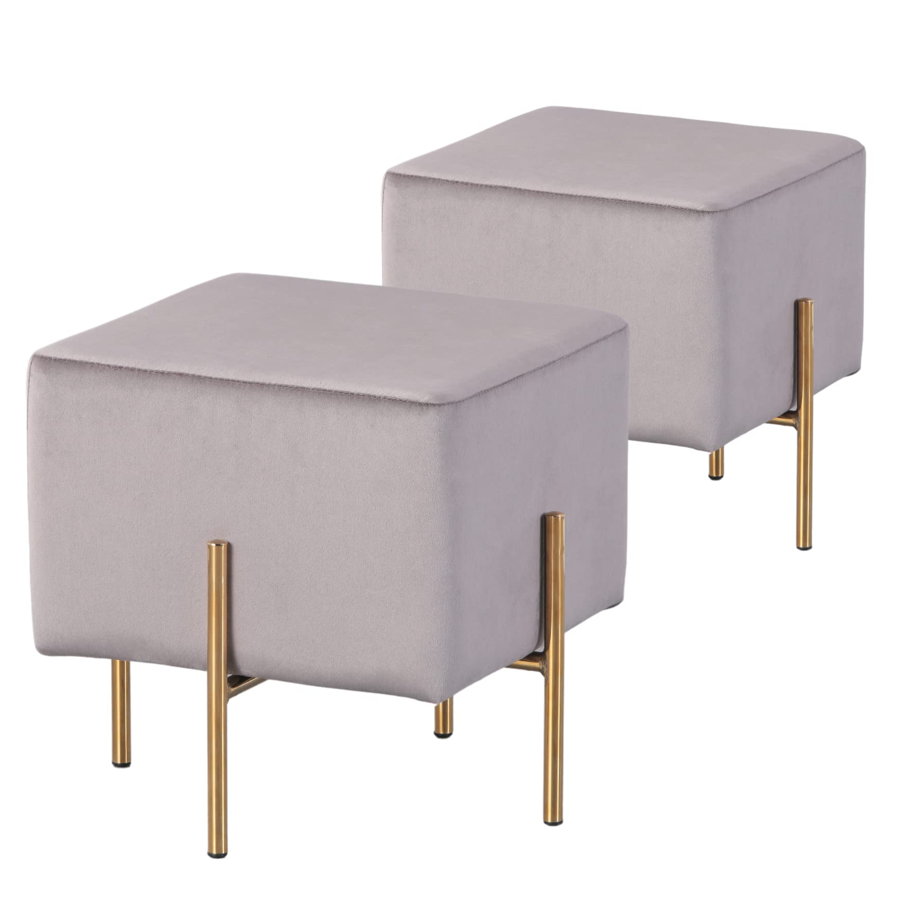 2 Pack Kirpi Gray Velvet Ottoman Foot Stool Set - Modern Square Upholstered Footrest with Gold Metal Legs, Contemporary Vanity Stool for Living Room, Bedroom & Dressing Area - Soft Cube Pouf for Home Decor