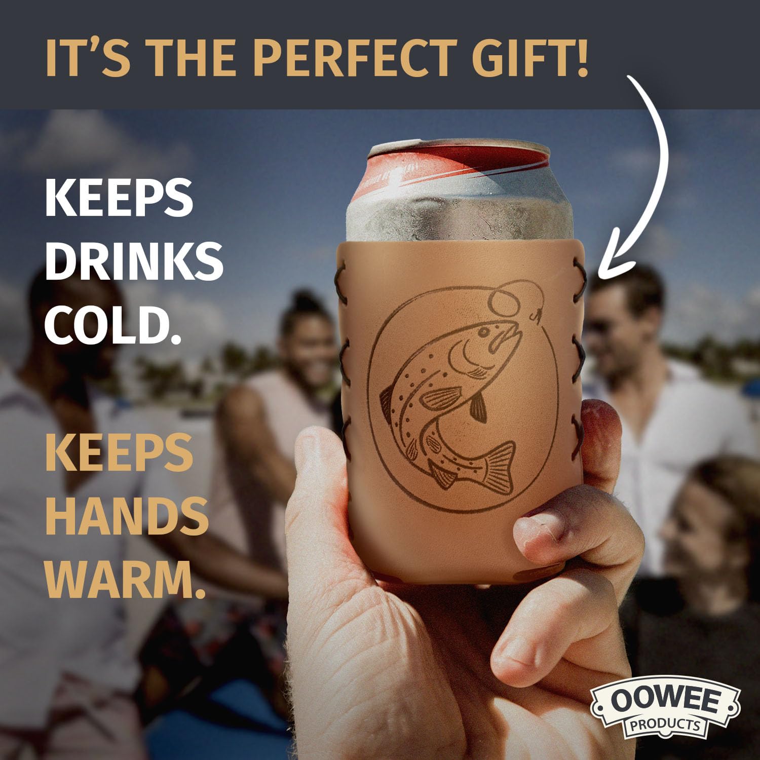 Premium Genuine Leather Can Holder Sleeve for 12-16oz Cans | Insulated Beer, Soda & Seltzer Koozie | USA Made Fishing & Camping Accessory | Perfect Gift for Men & Women | Outdoor, BBQ & Tailgating Essential