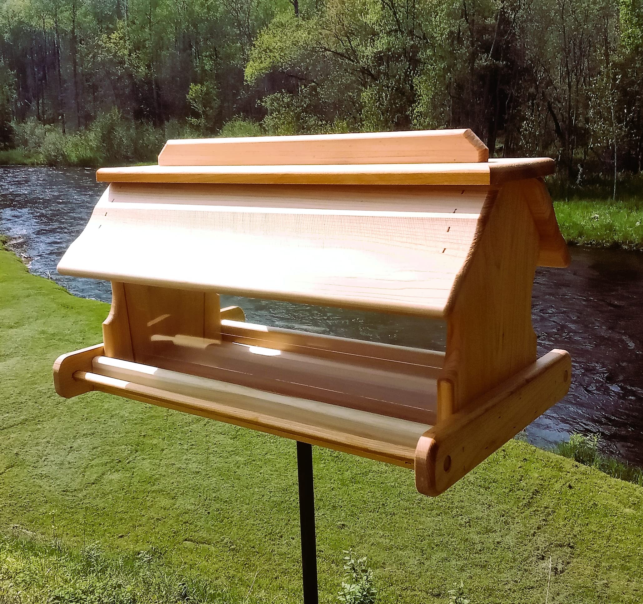 24 Inch Cedar Wood Post Mount Bird Feeder - Durable Outdoor Bird Feeder for Garden, Yard & Patio - Attracts Cardinals, Finches & Wild Birds - Weather Resistant & Easy to Fill