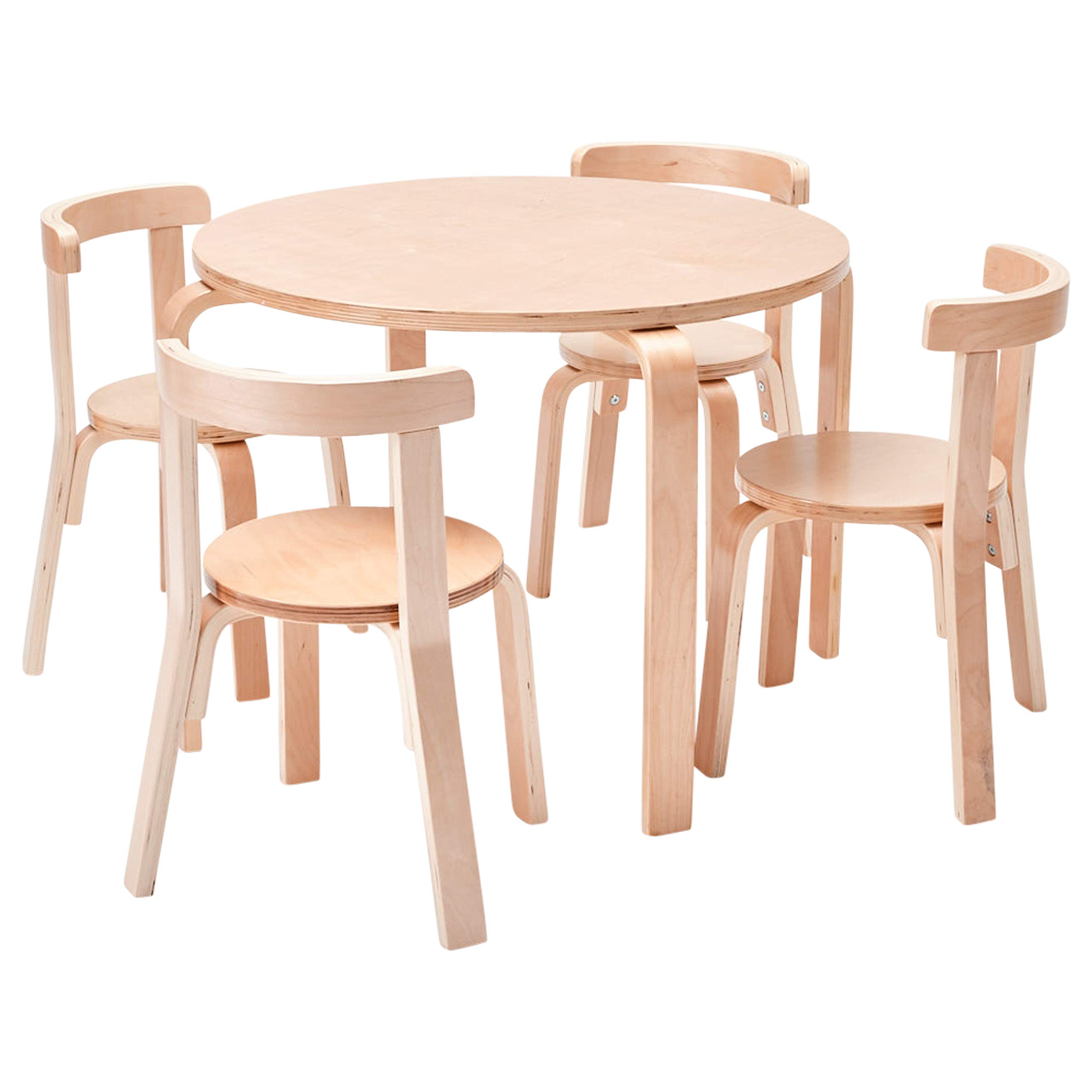 ECR4Kids Natural Bentwood Round Table and Curved Back Chair Set - 5-Piece Kids Furniture for Classroom, Playroom & Homeschool Learning Environment