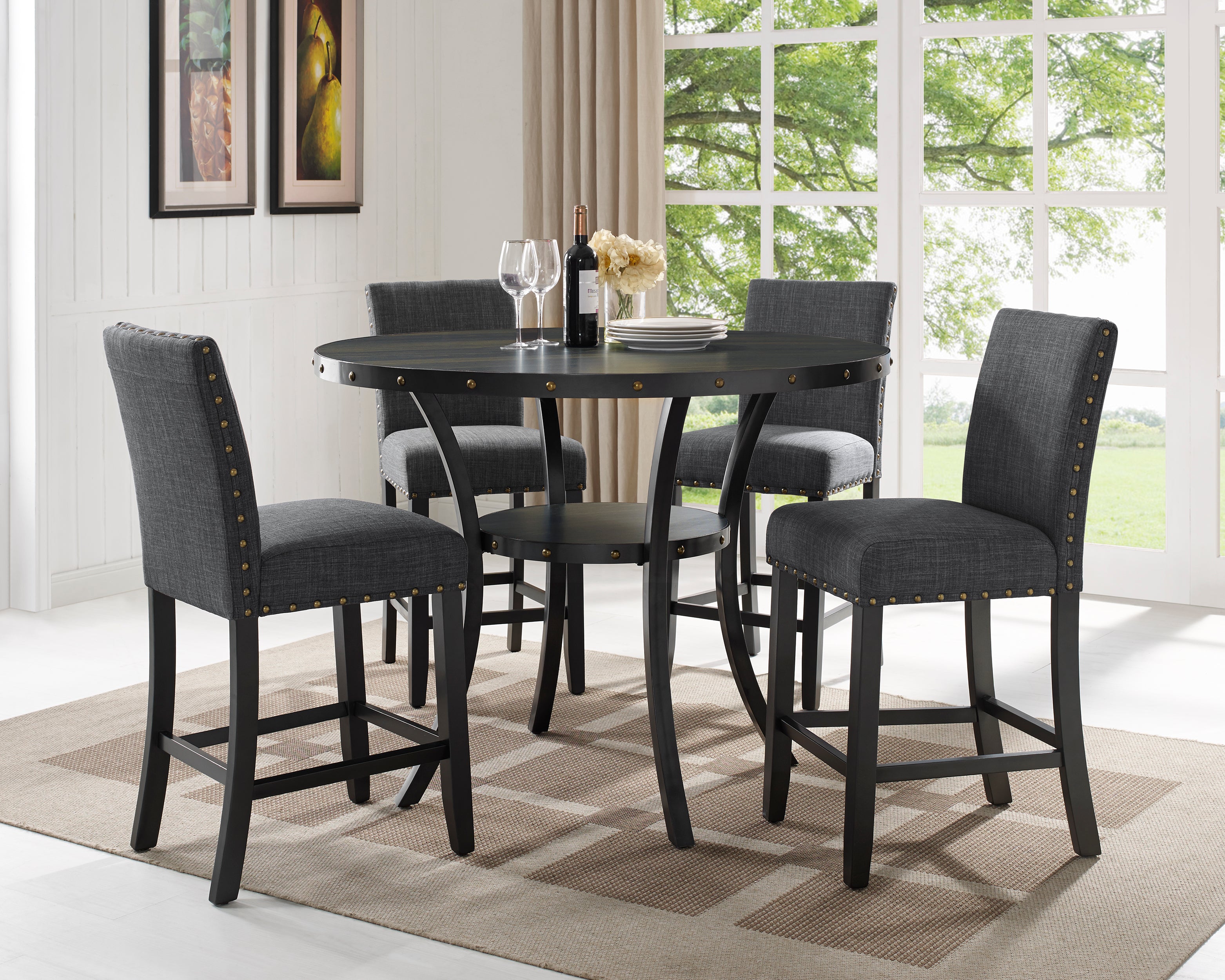 Roundhill Furniture Biony Fabric Counter Height Bar Stools with Nailhead Trim, Set of 2 - Modern Kitchen Island & Breakfast Nook Seating for Home & Office