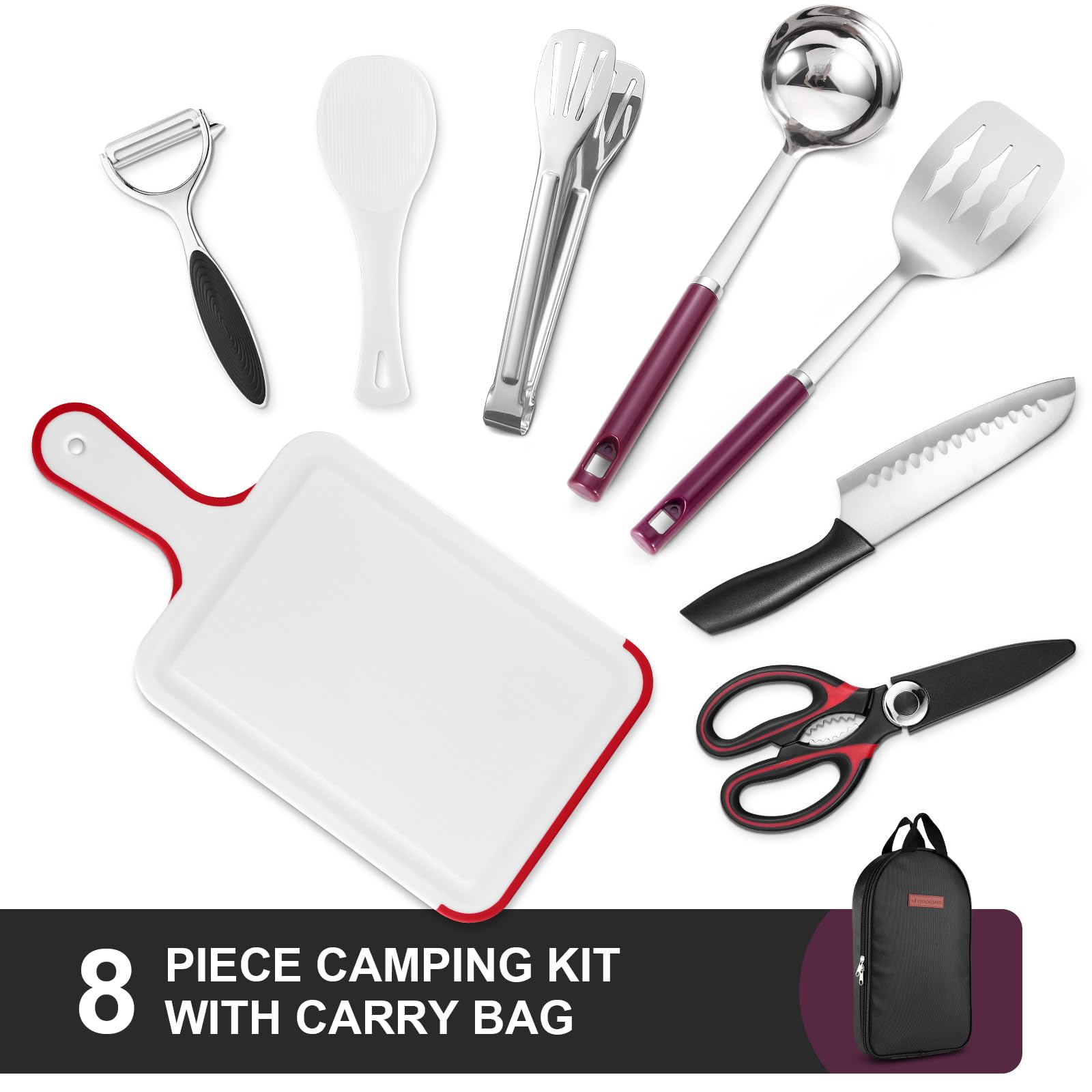 Odoland 8-Piece Camping Cookware Set - Lightweight Travel Utensils with Tongs, Scissors, Cutting Board & Rice Paddle - Compact Waterproof Storage Case for Backpacking, Hiking, Outdoor Adventures & RV Trips