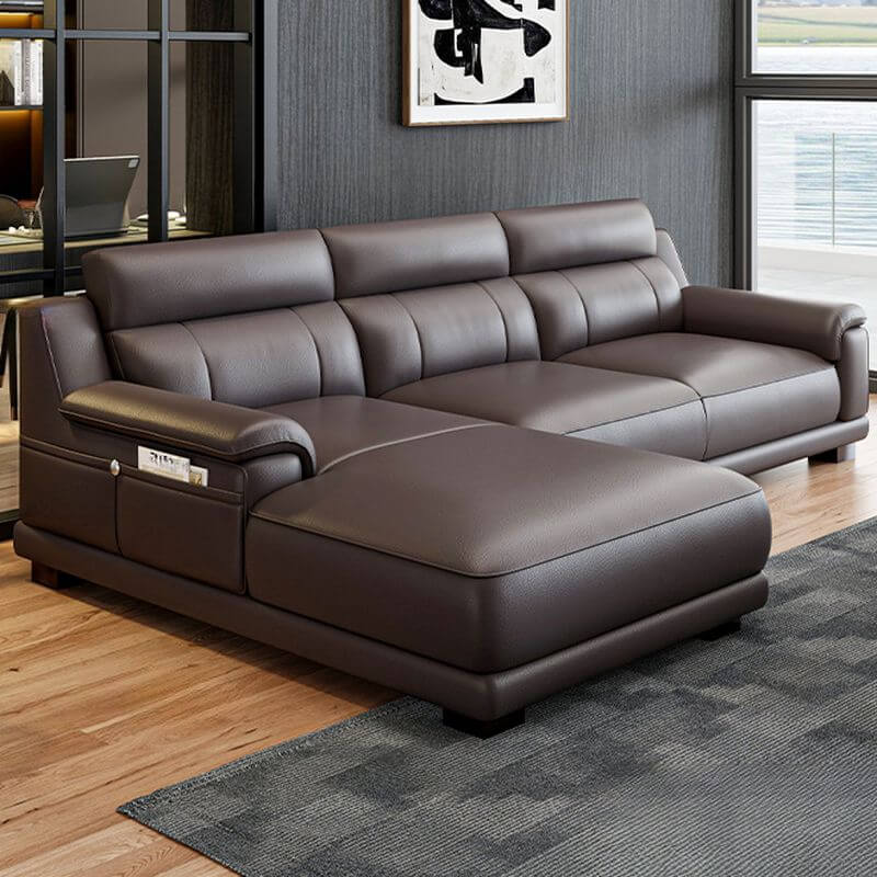 L-Shaped & Straight Left-Facing Sofa Chaise with Concealed Support - Modern Chestnut Brown Living Room Couch for Parlor, Lounge & Home Theater Seating