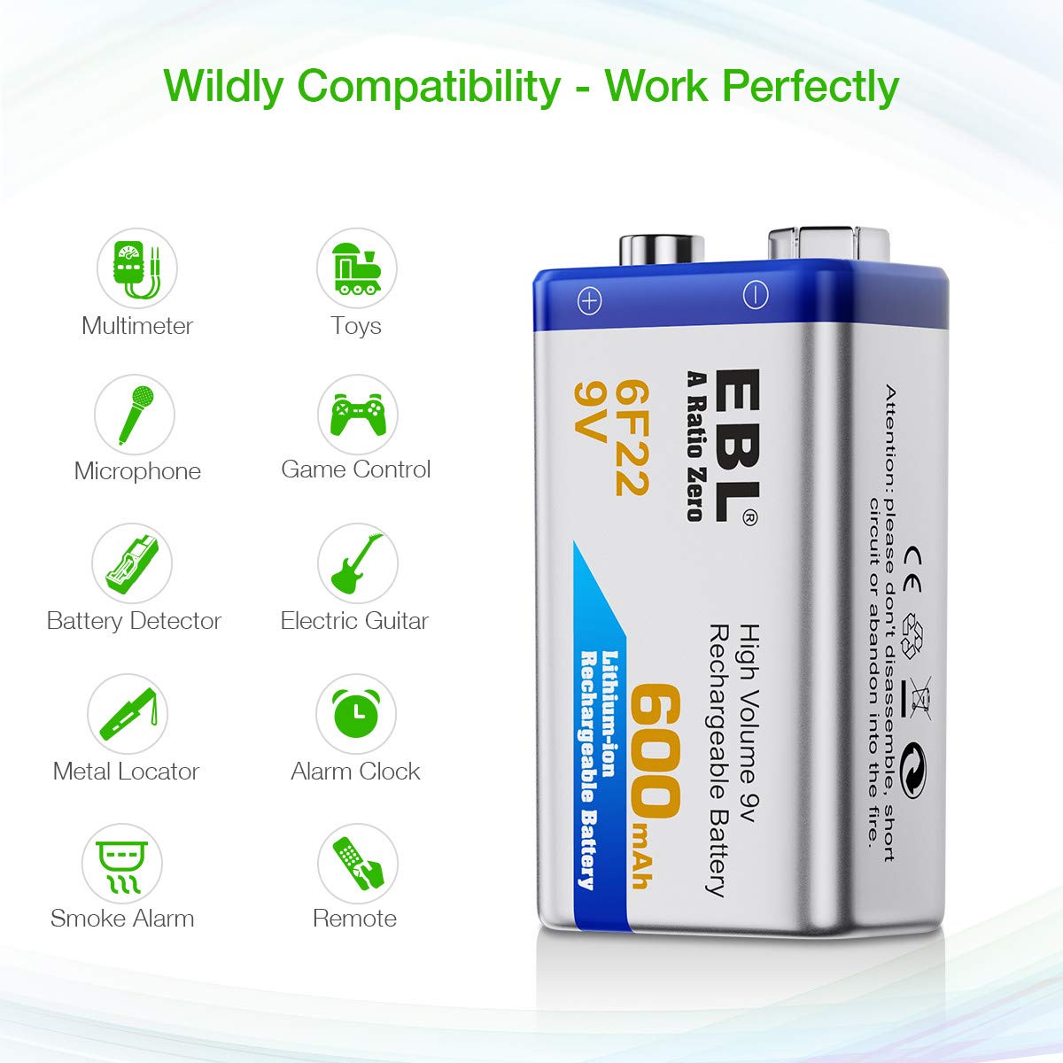 EBL 4-Pack 9V Lithium-ion Rechargeable Batteries with Charger - Long Lasting Power for Smoke Detectors, Guitar Pedals & Electronic Devices