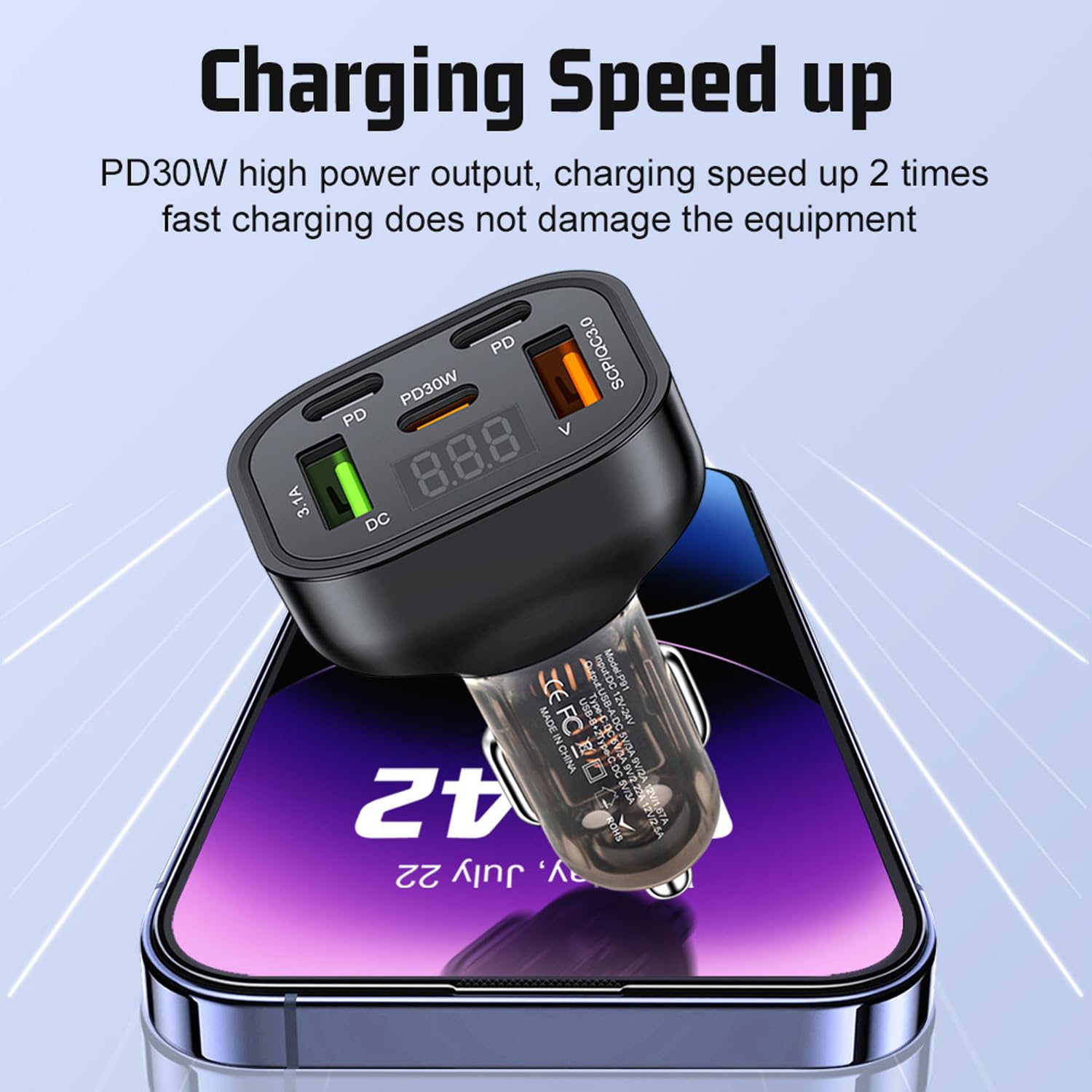 5-Port 30W PD Fast Car Charger with LED Display - QC3.0 USB C Multi Port Cigarette Lighter Adapter for iPhone 16/15/14/13/12/11 Pro Max Plus & Samsung Galaxy S24/S23 - Perfect for Road Trips, Commuting & Multi-Device Charging On-The-Go