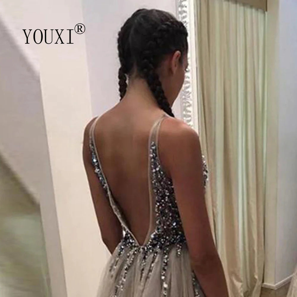 Elegant Light Gray Beaded Prom Dress with V-Neck, High Slit & Sweep Train - Sleeveless Backless A-Line Evening Gown for Homecoming, Formal Dances & Special Occasions