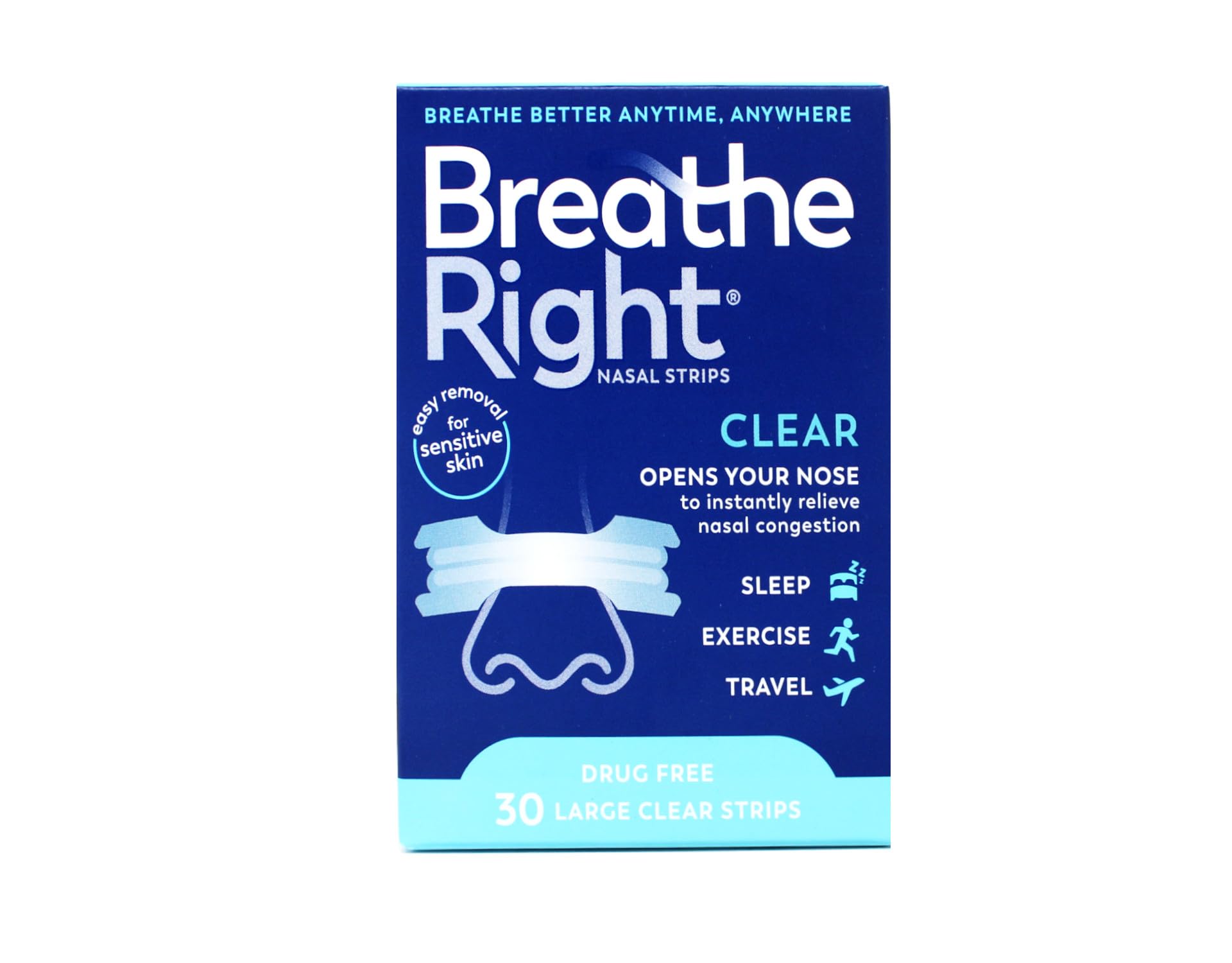 Breathe Right Nasal Strips Clear for Sensitive Skin - Large Size (30 Strips, Pack of 8) | Stop Snoring, Improve Sleep & Breathe Easier at Night | Ideal for Allergies, Colds & Nasal Congestion Relief