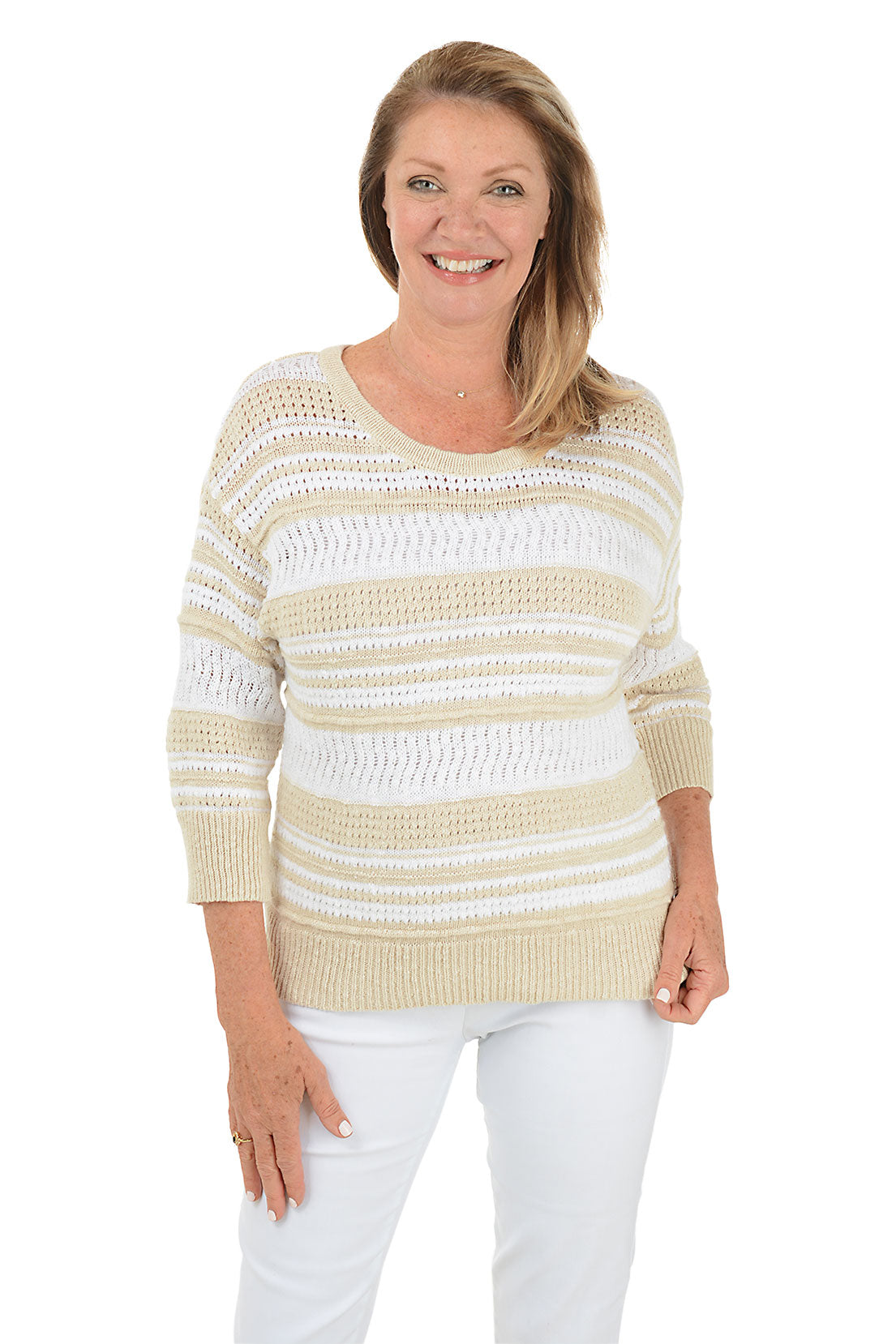Textured Stripe Cotton Sweater for Women - Cozy Knit Pullover with Ribbed Cuffs - Perfect for Fall & Winter Layering, Casual Outfits and Office Wear