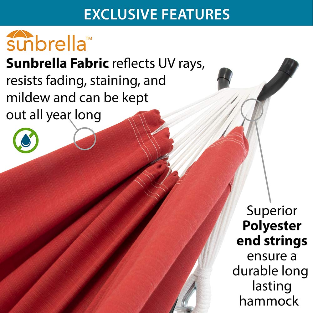 Premium Vivere Double Sunbrella Hammock with Space-Saving Steel Stand - 450 lb Weight Capacity - Includes Carry Bag (Crimson) - Perfect for Backyard, Patio, Camping & Outdoor Relaxation