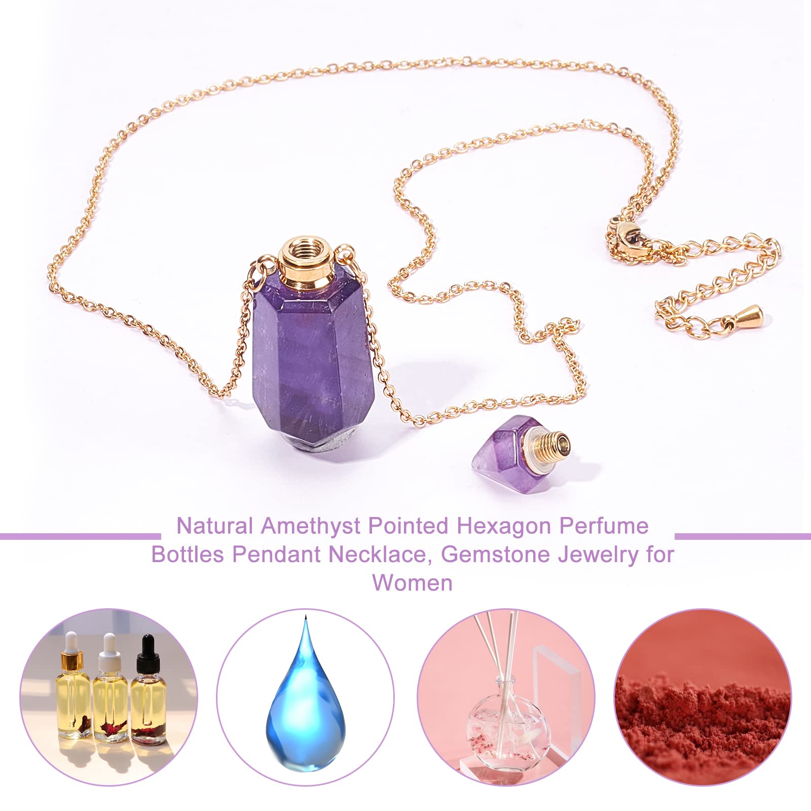 Natural Amethyst Stone Essential Oil Diffuser Pendant Necklace - 19.29 Inch Gold Chain Perfume Bottle Jewelry for Women | Aromatherapy, Spiritual Healing & Unique Gift Idea