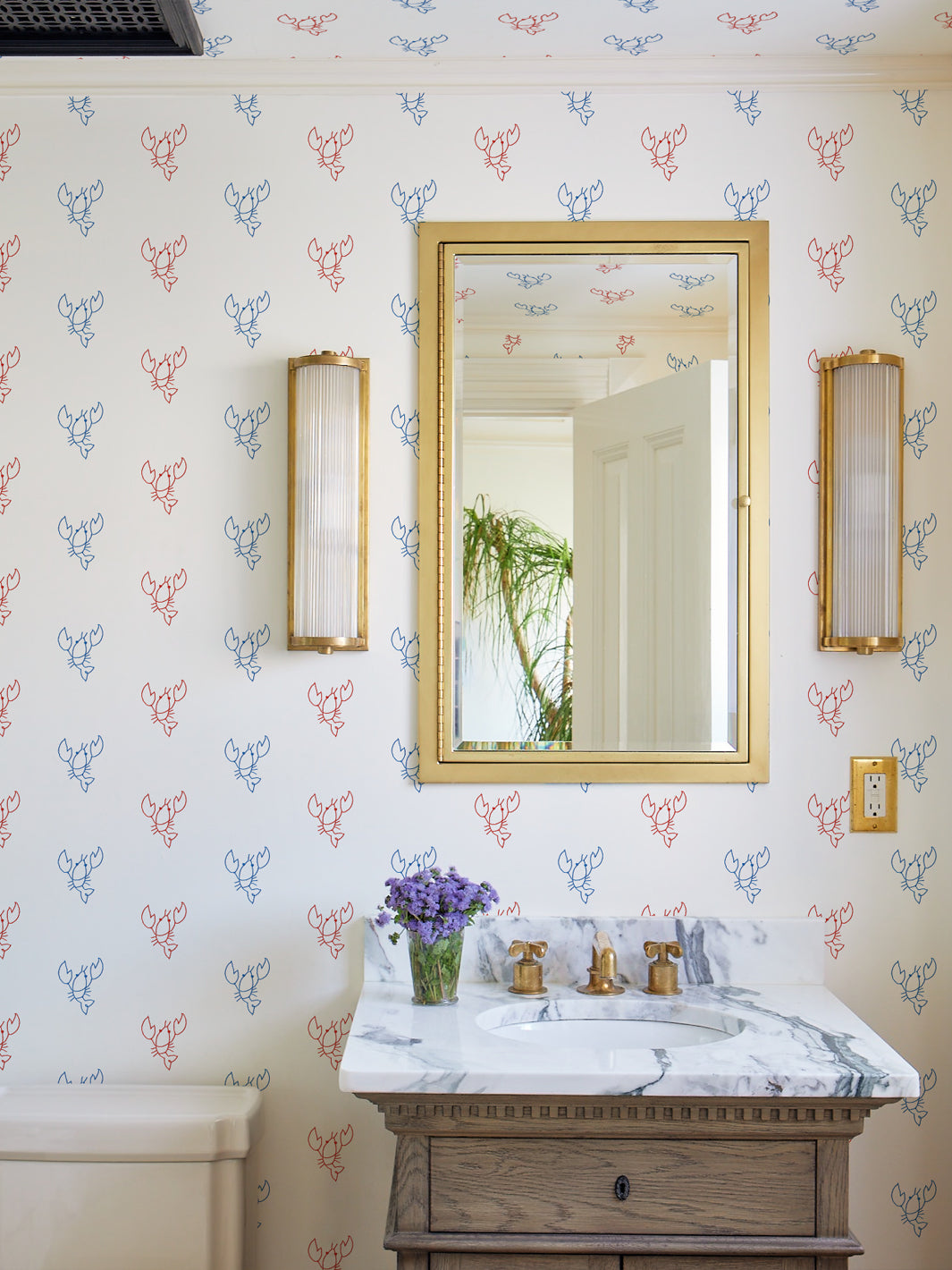 Premium Blue and Red Lobsters Wallpaper by Lingua Franca - Waterproof Peel & Stick Wall Mural for Kitchen, Bathroom, or Living Room Decor