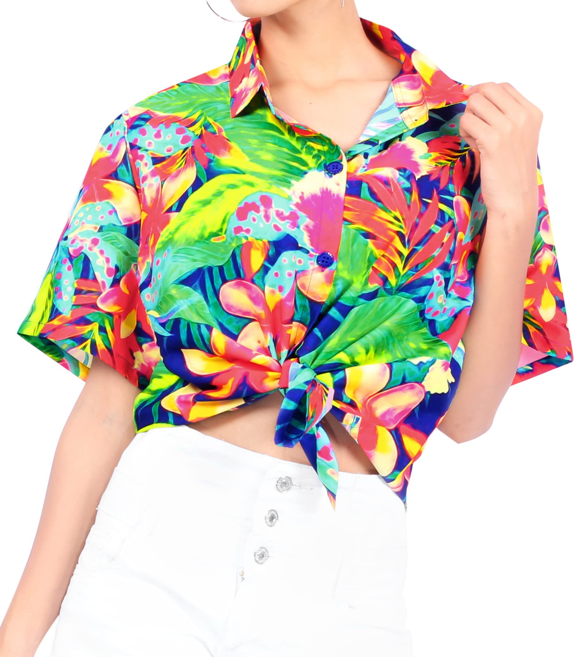 Happy Bay Women's Short Sleeve Hawaiian Blouse - Floral Print Vacation Shirt for Beach, Summer & Tropical Getaways