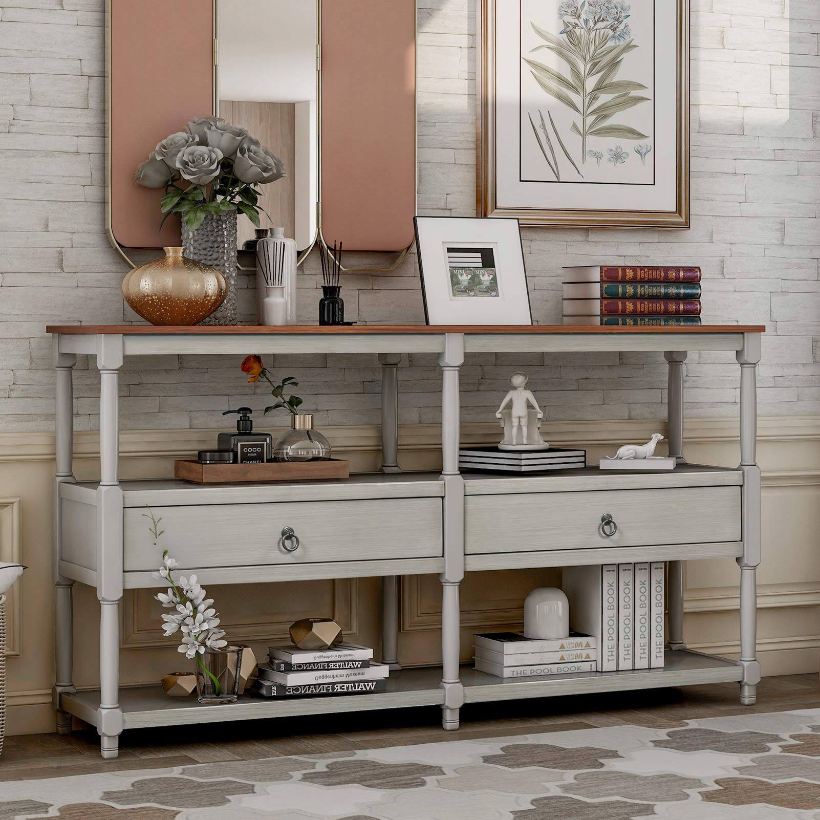 Rustic Grey Wooden Console Table with 3-Tier Open Shelves & 2 Drawers - Farmhouse Entryway Sofa Table, Sturdy TV Stand for Living Room, Hallway, Dining Room, Perfect for Small Spaces & Home Decor