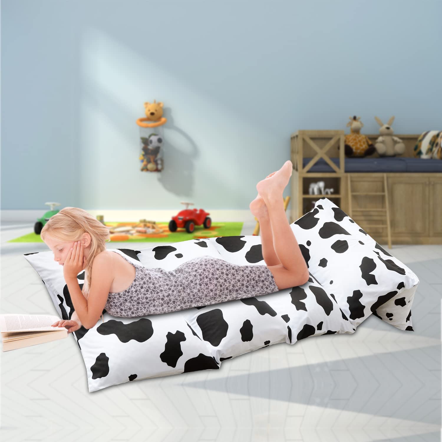 Mengersi Kids Floor Pillow Lounger Cover - Soft Cow Print Pillow Case for Boys & Girls, Toddler Bed Cover (Queen Size, 5 Pillows Required, Pillows Not Included) - Perfect for Playroom, Nursery, or Cozy Reading Nook