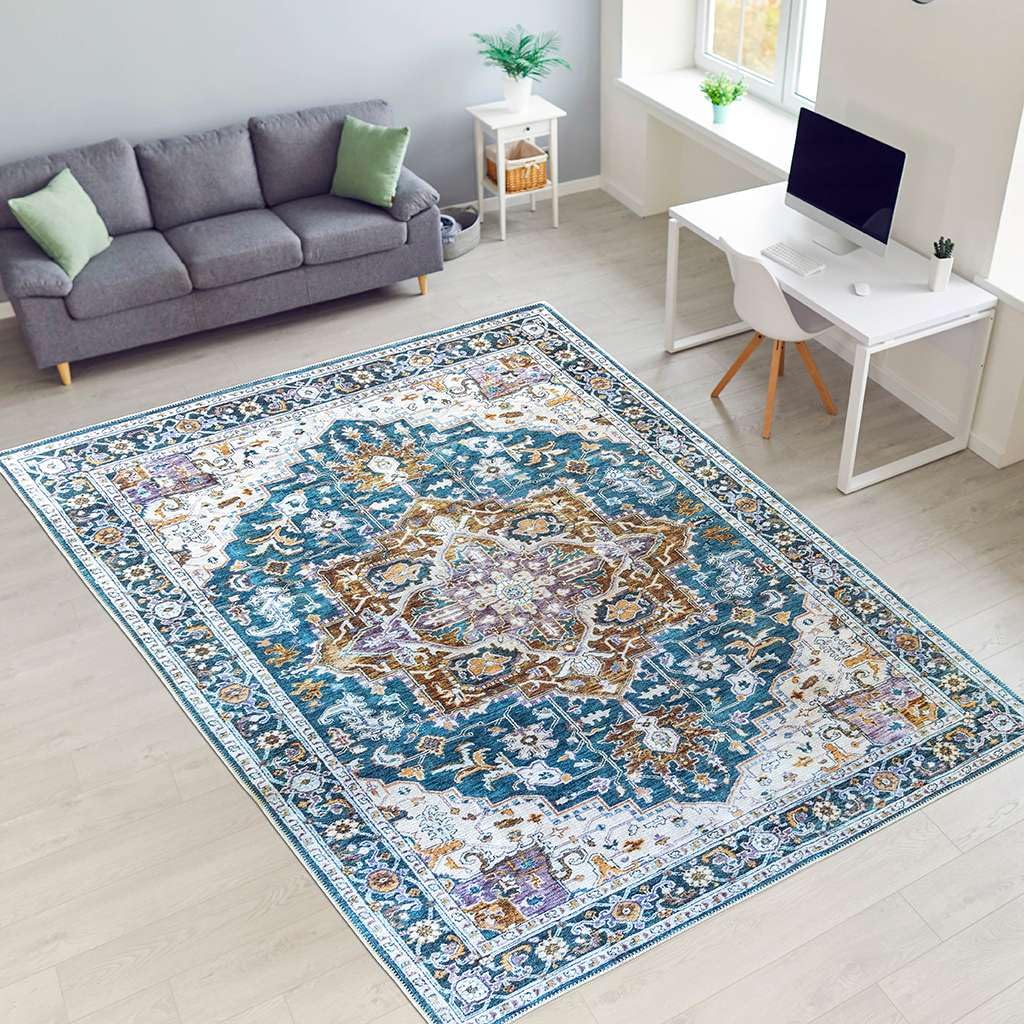 Soft Woven 6x9 Washable Cotton Rug - Non-Slip Vintage Area Rug for Living Room & Hallway - Stain Resistant Pet Friendly Floor Mat - Blue Multi Floral Design - Perfect for Home Decor, Bedroom & High Traffic Areas