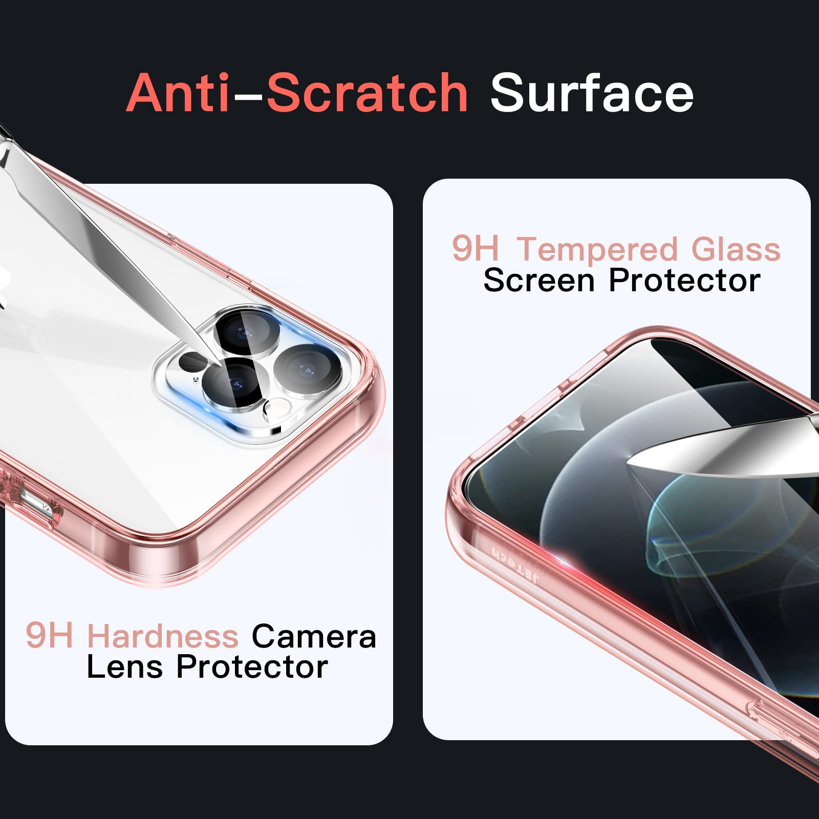JETech 5-in-1 Protective Case for iPhone 12 Pro 6.1-Inch - Shockproof Bumper Cover with 2-Pack Tempered Glass Screen Protectors & 2-Pack Camera Lens Protectors | Full Coverage Rose Gold Case for Everyday Use, Travel & Outdoor Activities