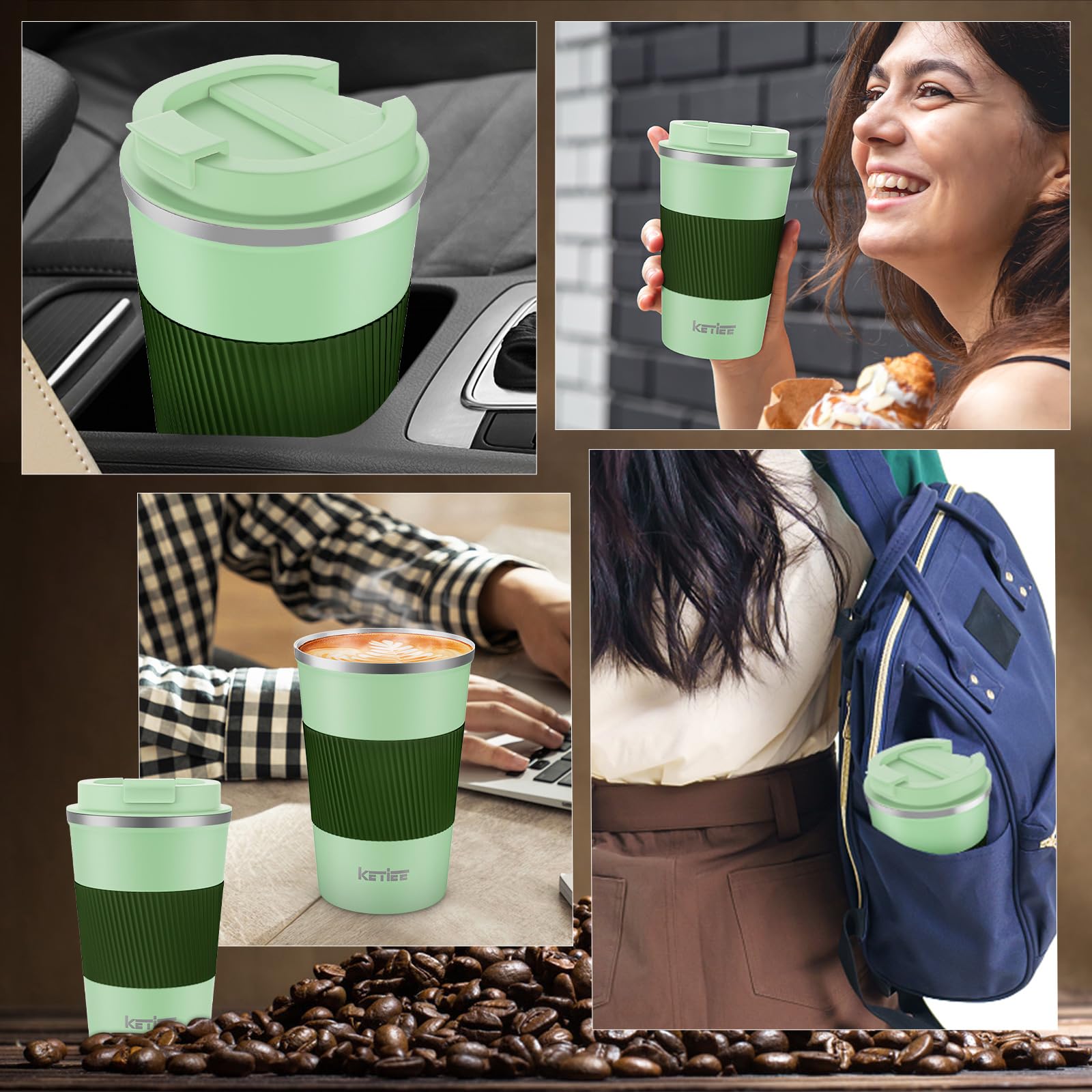 KETIEE 12oz Vacuum Insulated Stainless Steel Travel Coffee Mug - Leakproof Lid, Double Wall Thermal Tumbler for Hot & Cold Drinks - Reusable Coffee Cup for Commuting, Camping & Office (Green)