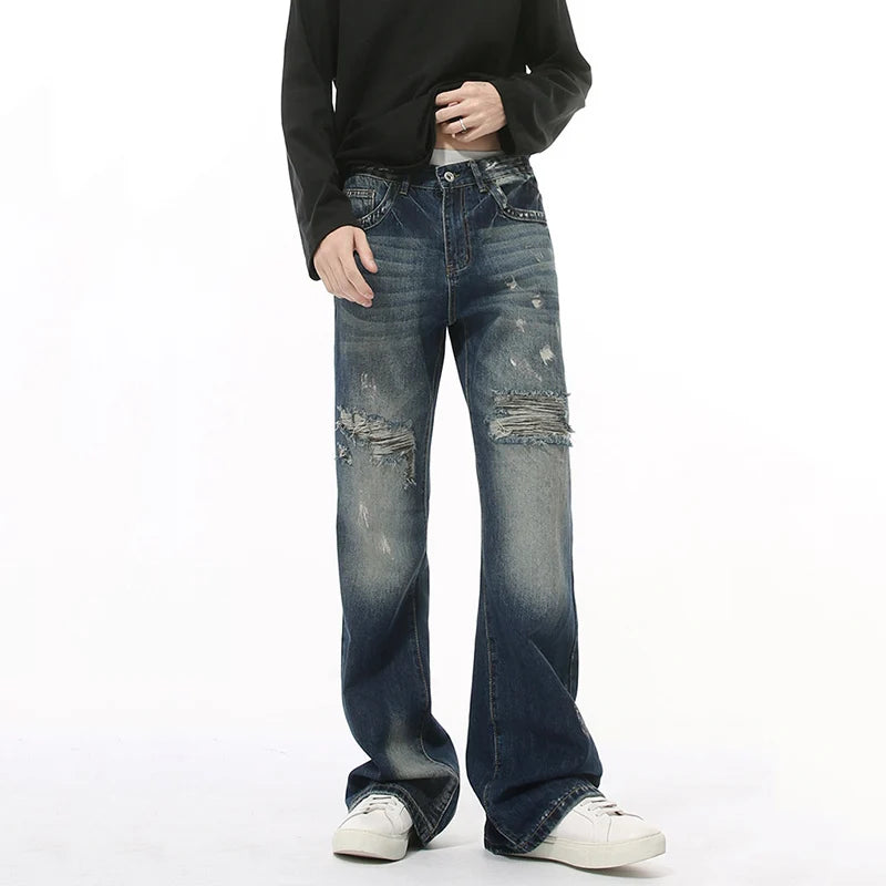 American Style Men's Distressed Tie-Dye Bootcut Jeans - Wide Leg Straight Denim Pants for Casual Wear | Perfect for Street Style & Everyday Outfits