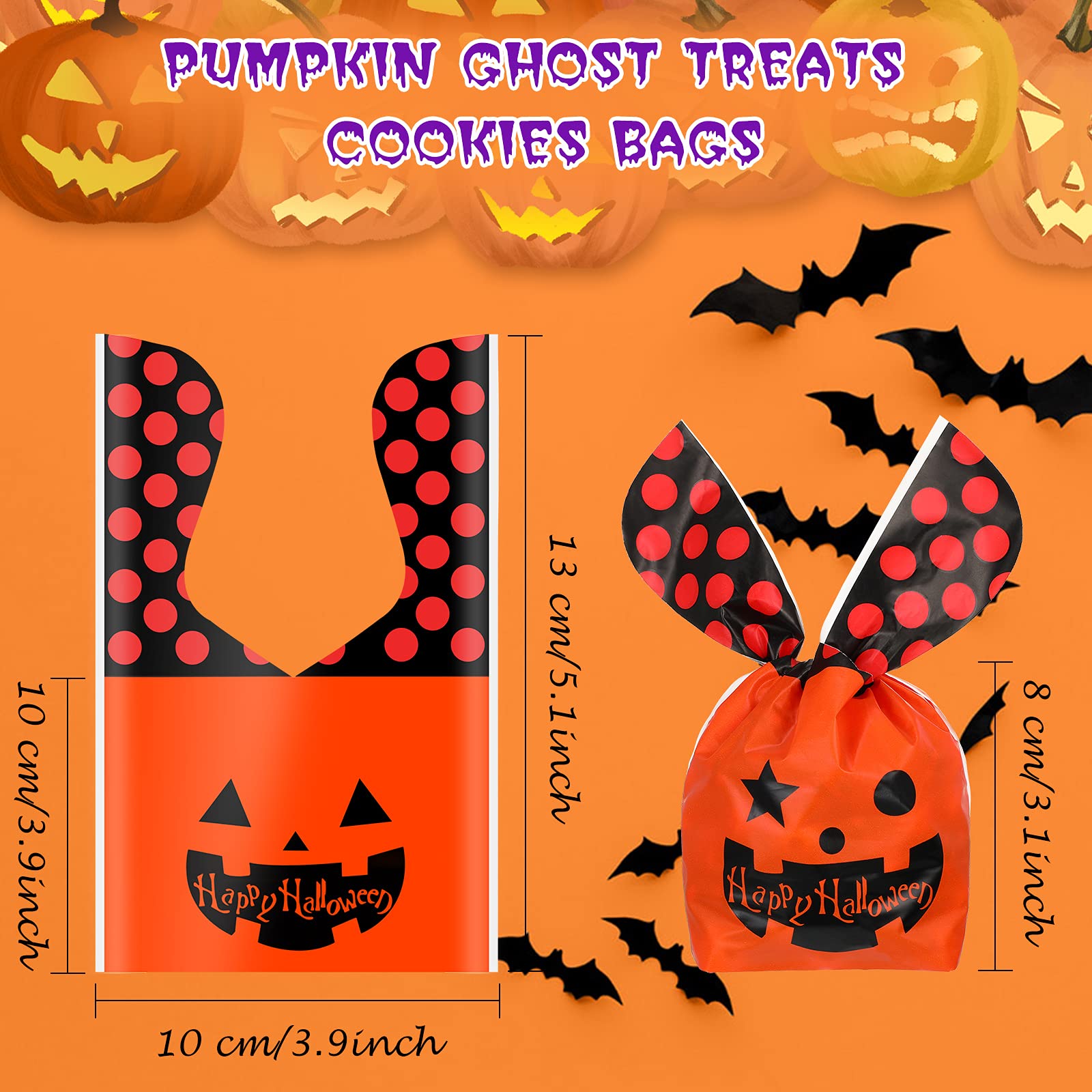 Chinco 100-Pack Halloween Plastic Candy Bags - Orange Pumpkin & White Ghost Treat Bags for Party Favors, Snacks & Decorations | Halloween Party Supplies, Trick-or-Treat Bags, Candy Containers for School Events & Neighborhood Halloween Celebrations