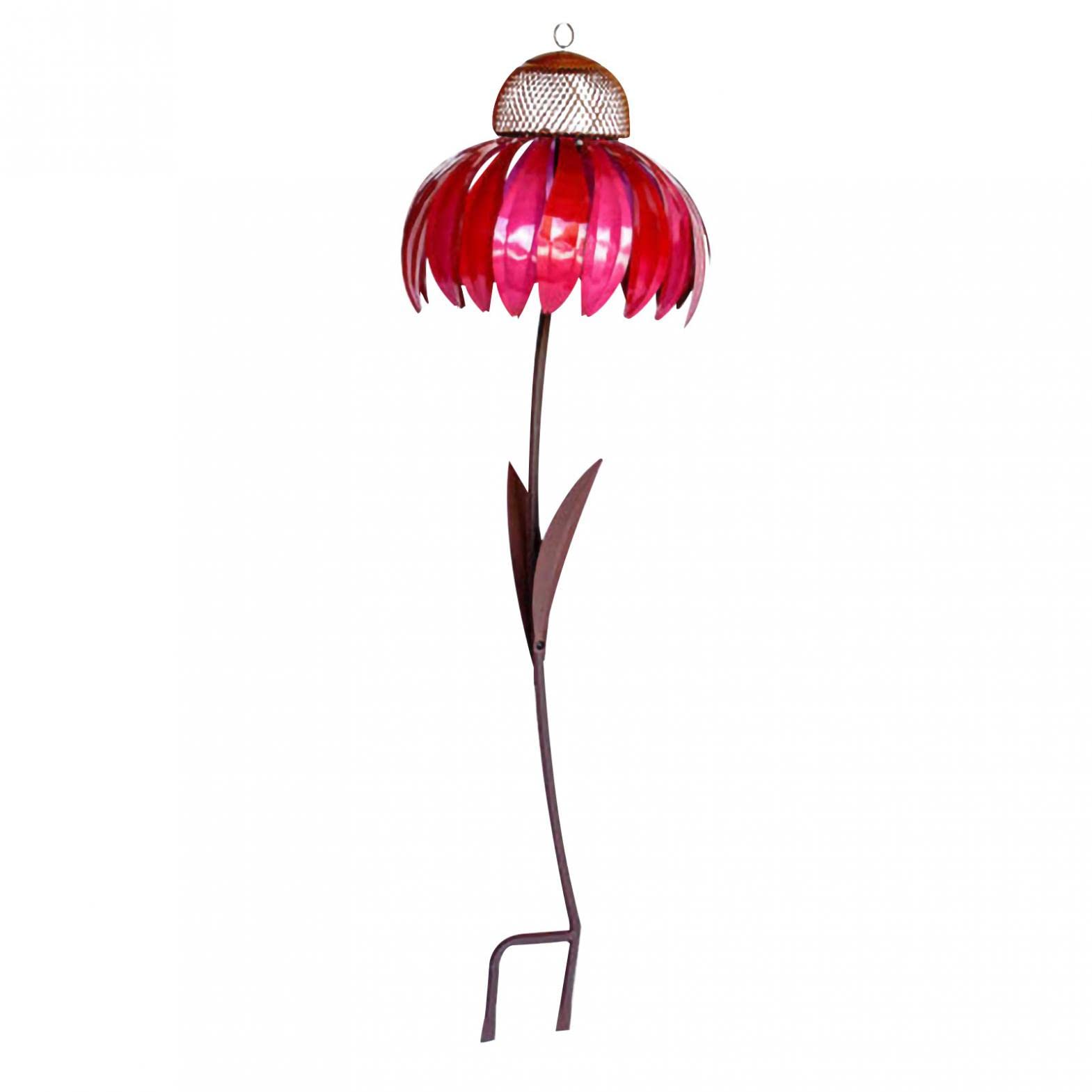 Metal Standing Bird Feeder for Outdoor Garden - Hummingbird Feeder with Coneflower Coconut Palm Windmill Design (Red) | Decorative Yard Art for Backyard, Patio & Wildlife Watching
