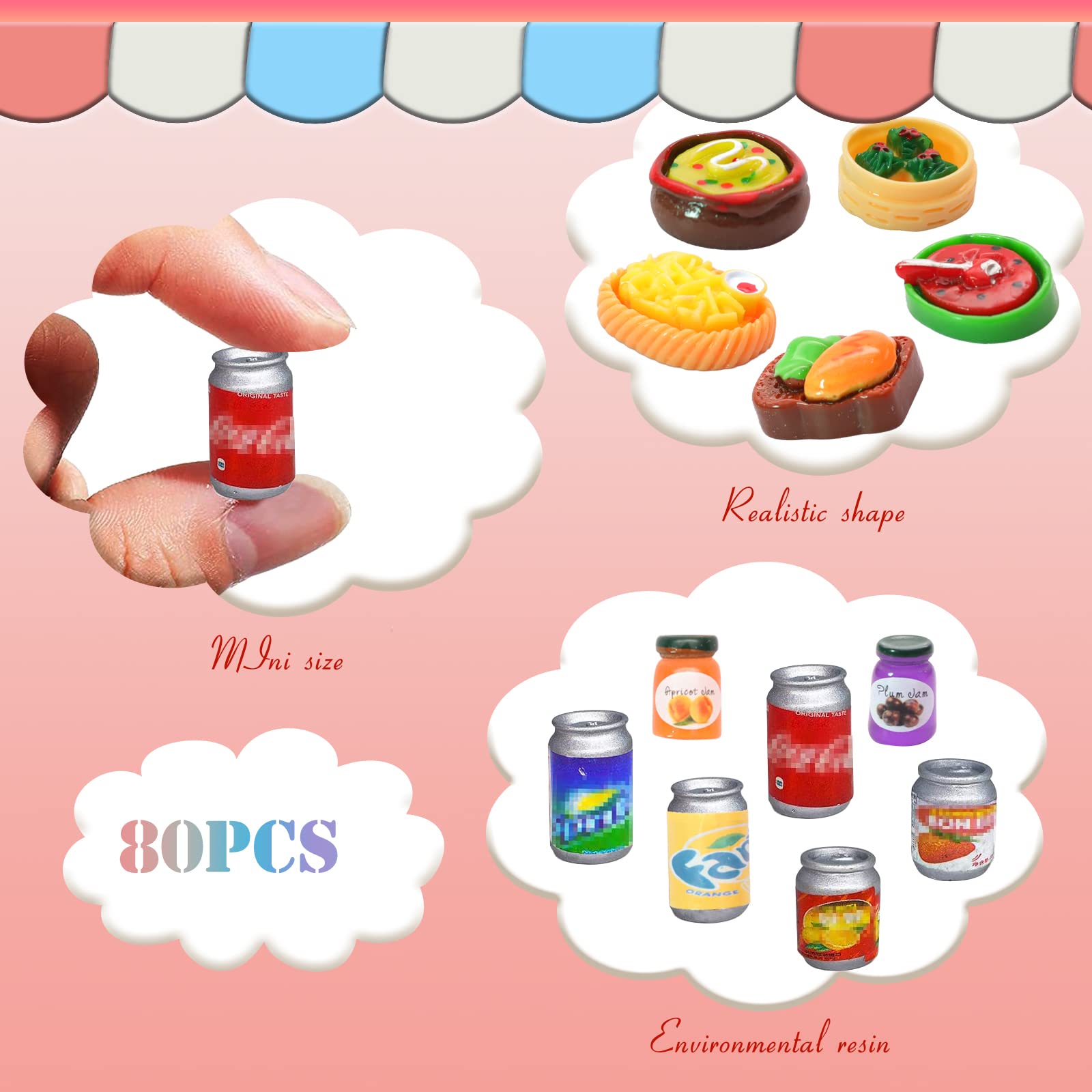 80-Piece Miniature Food & Drink Bottle Toy Set - Pretend Play Resin Dollhouse Kitchen Accessories for Kids | Perfect for Role Play, Tea Parties & Educational Learning Activities